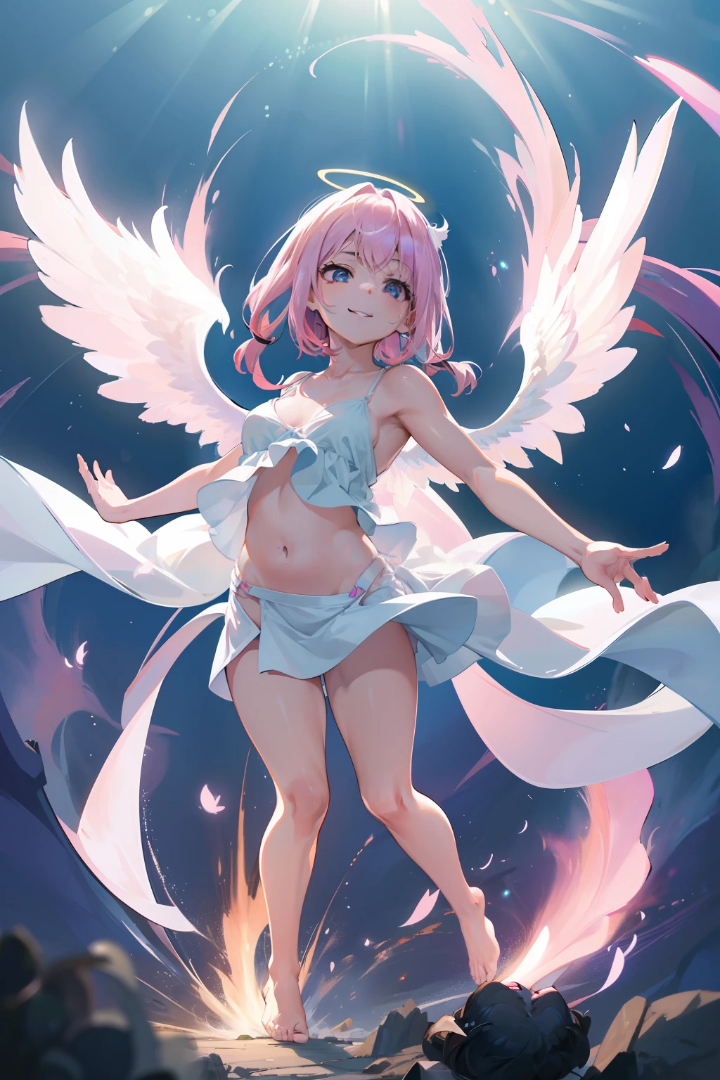 Six-winged female angel,
Works of masters,8K分辨率,depth of fields,Faraway view,Full body shot,Full Body Photo,(exquisite facial features),s the perfect face,Glowing skin,a beauty girl,20yr old,Blue pupil,cabellos largos dorados,Loose hair,huge tit,d cup,Pink V-neck camisole,Open navel,Angel halo on your head,Six white angel wings on the back,Short white dress,Barefoot,falling from sky,wings open,Skysky,baiyun,Spread your hands in a hugging position,With a smile,rays of sunshine,holy
