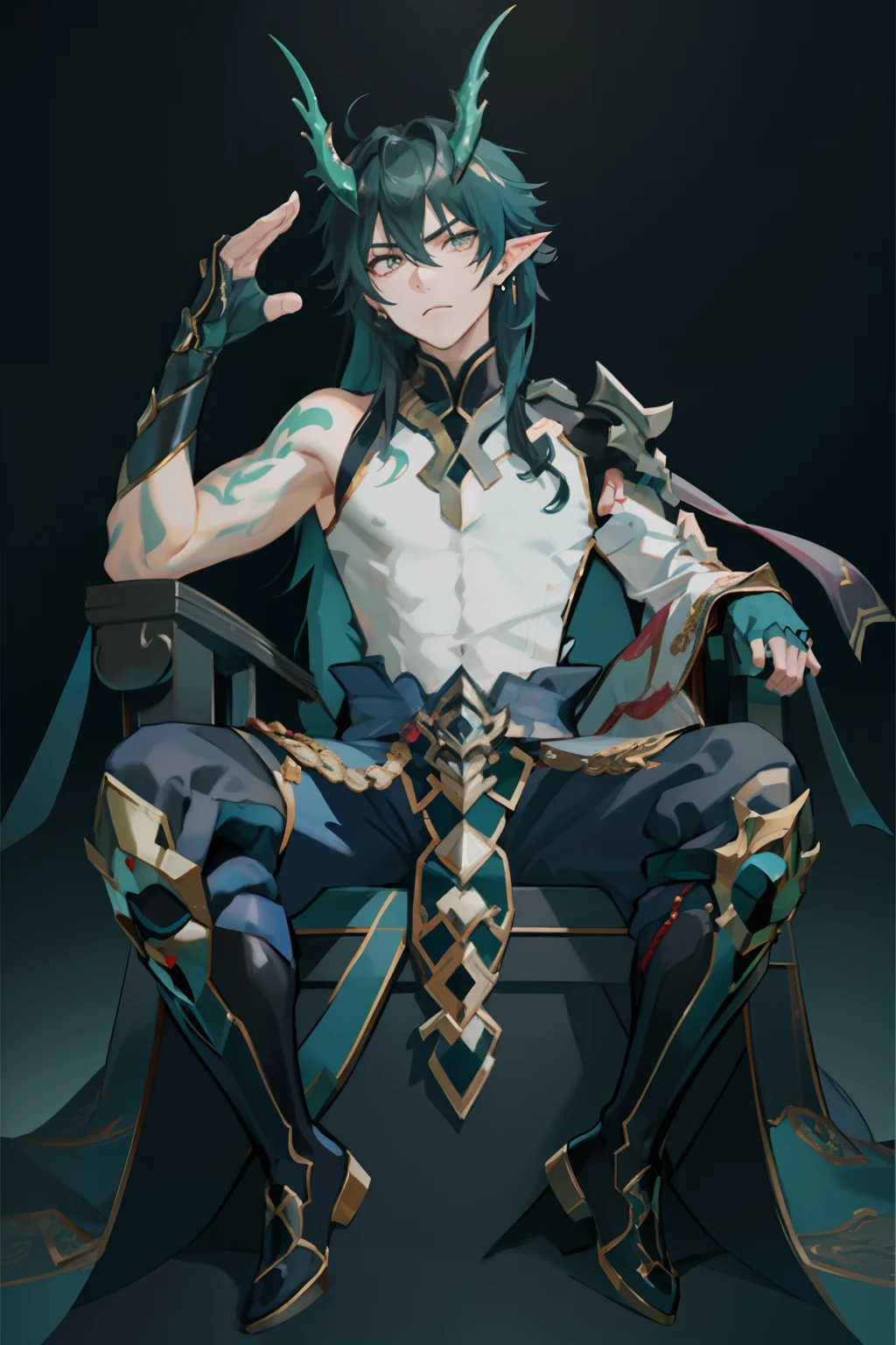 （absurderes，A high resolution，Hyper-detailing，hdr），Dragon's horn，younge boy，tmasterpiece，best qualtiy，1人，独奏，Handsome，Golden eyes，Fine eyes and detailed face，toppless，Tattooed with，arma，seated on a throne，Indifferent and arrogant，Abs，chest muscle，Raised sexy，Ruffian，Show your temperament，Male，masculine appeal，Male characteristics are distinct，Long messy hair，Arrogant，self-assured，Sitting majestically on the throne，Pondering，Legs crossed，white pantie，supreme，Lazy，Handsome，