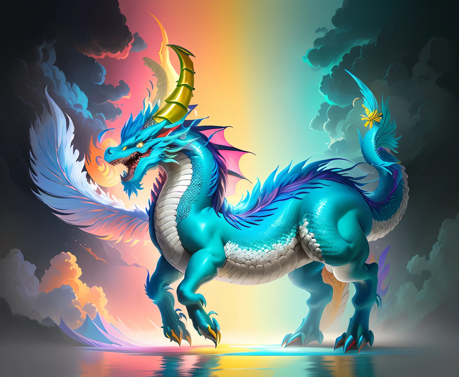 Brightly colored horses with a long tail and a tail with a long tail...., Mythical Creatures, chinese dragon concept art, smooth chinese dragon, cyan chinese dragon fantasy, Mythical Creatures, Fantasy Creatures, Rainbow Fluffy Dragon, Digital paintings of Quetzalcoatl, anthropomorphic dragon, Chinese dragon, dragon art, as an anthropomorphic dragon