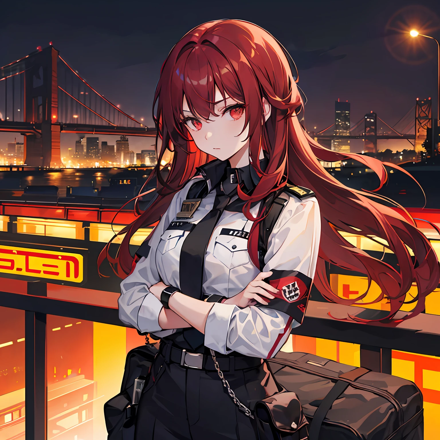 Police outfit, woman, red hair, black eyes, dynamic pose, serious, in the city, athletic body, sexy cop costume