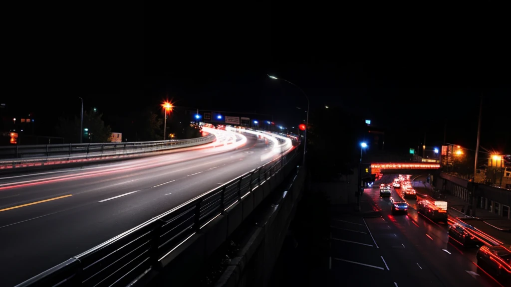 Night highway long exposure view, light trail flickering, flowing traffic beam, long exposure light, clear focus, night long exposure photo, slow door speed, striped lights, city location long exposure