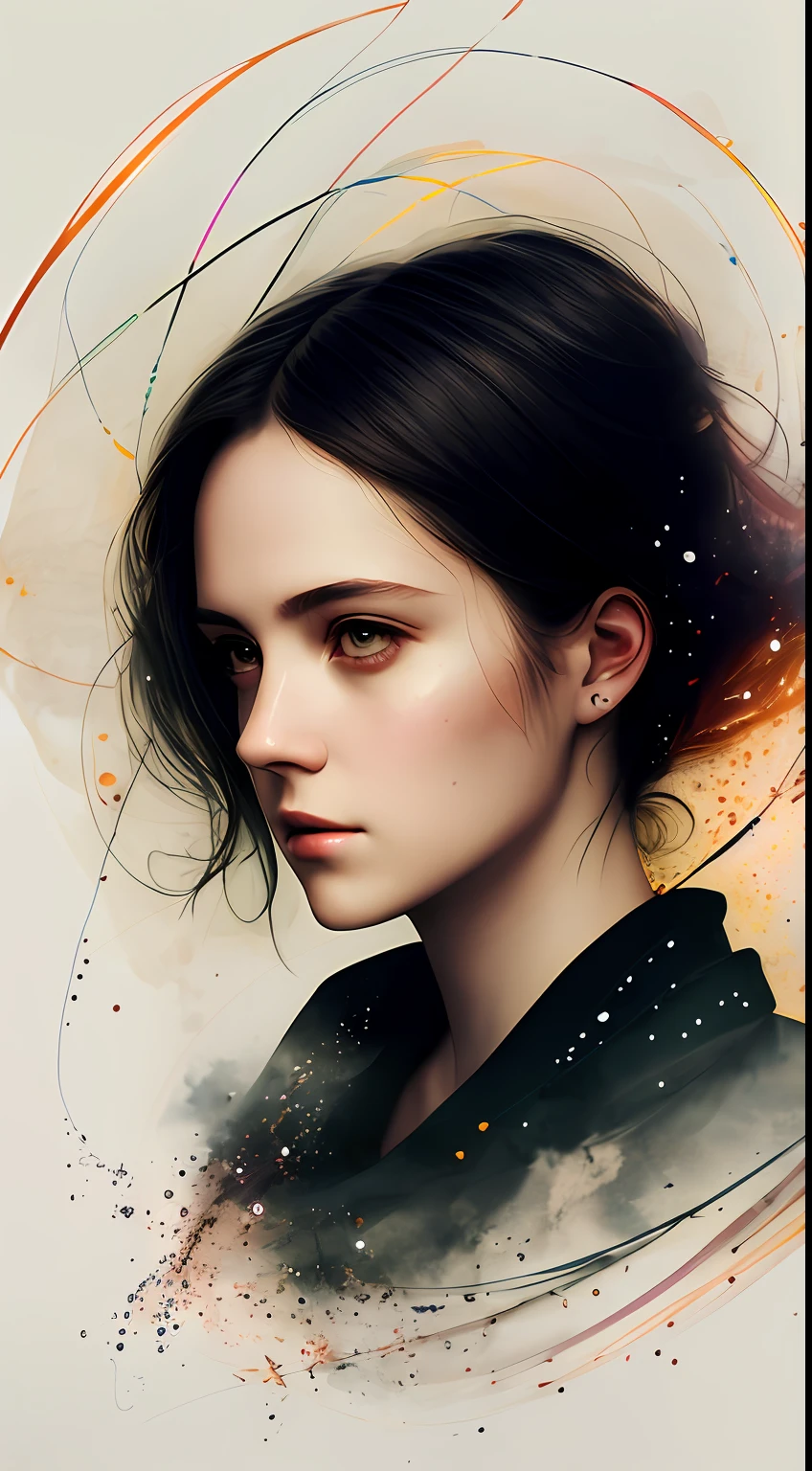 The female figure of Agnes Cecile,Radiation components,Soft color grading,Ink droplets drift away,Warm lights in autumn,Female Internet celebrity,Black hair,Colored ink droplets