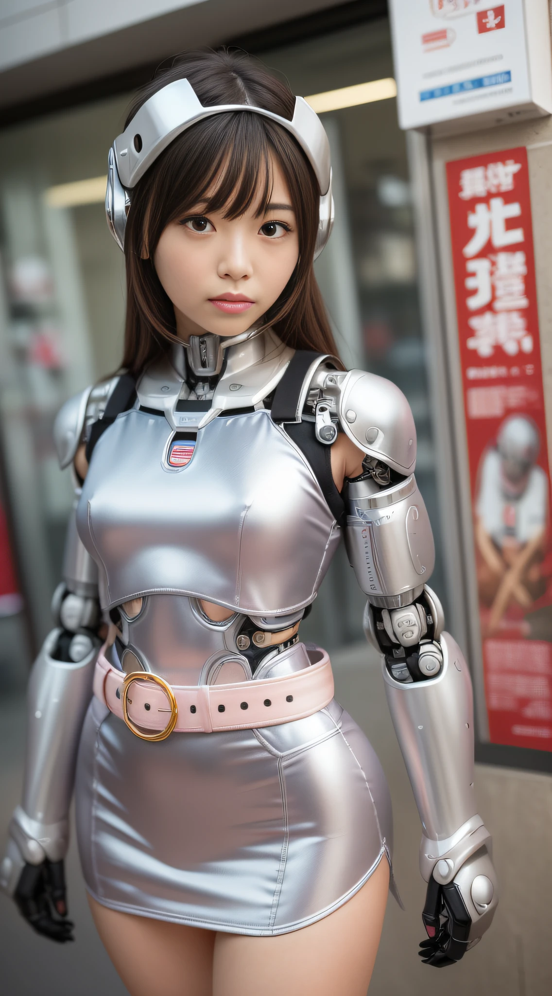 (Photorealsitic:1.4)、Onegirl、(top-quality)、(hyperdetailed face)、(Super well-formed face)、((Robot Parts))、(Cyborg girl)、(Silver)、(metalic)、(fullllbody)、(sexy  pose)、(Slender body)、(Model body type)、(mecha exposure)、(akihabara)、(is looking at the camera)、(A dark-haired)、(１０Head and body)、(a small face)、(Idol)、(front facing)、(is standing)、(Photo session)、(Looks sad)、(Cyborg girl in pale pink satin dress)、(Golden button)、(sleeve less)、(a miniskirt)、(a belt)