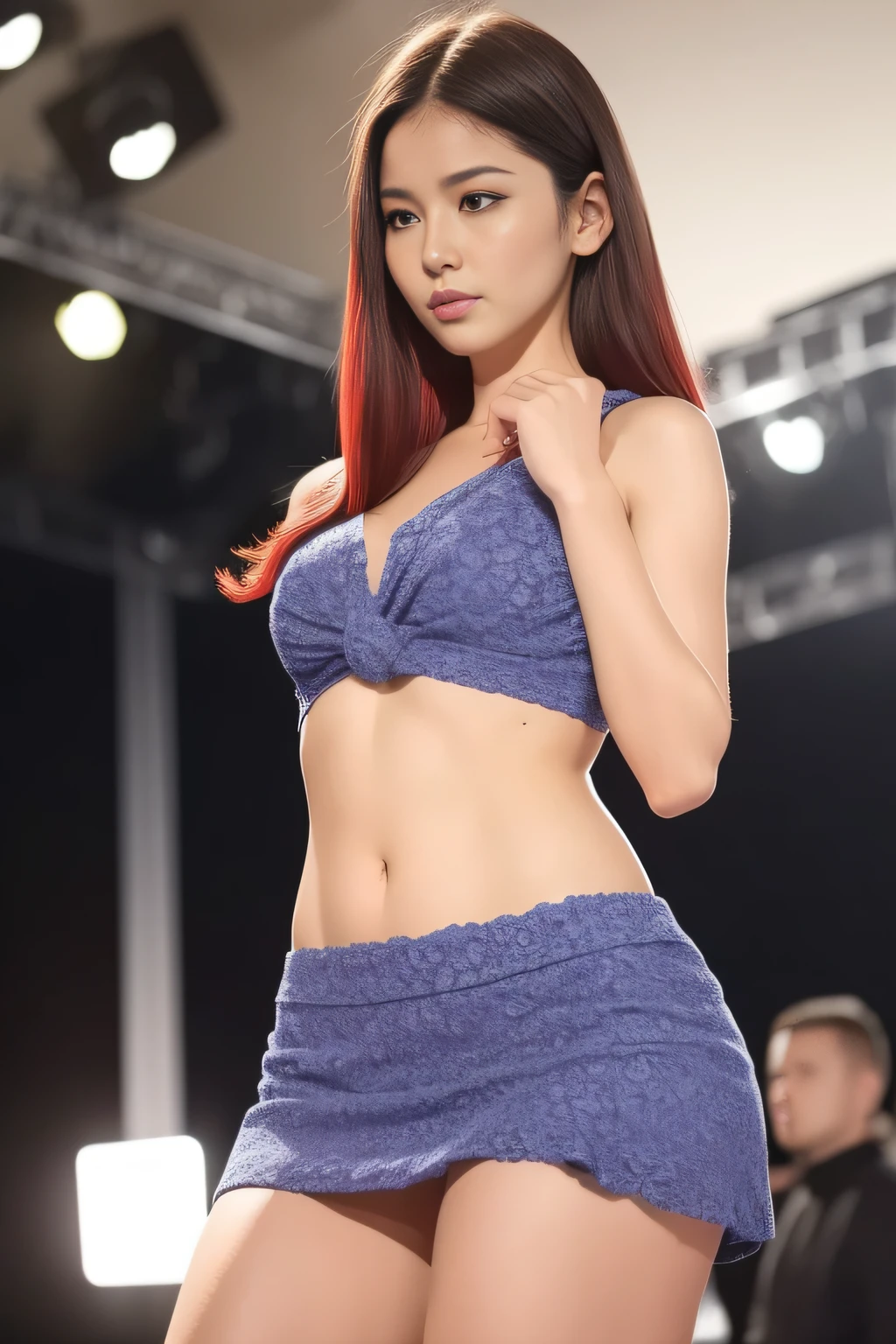Best quality,tmasterpiece,1girll,red tinted hair,short detailed hair,eBlue eyes,shiny skins,sunflare,an award winning photograph, Wide-angle photo on the catwalk, stage lighting,Healthy body, closeup cleavage, with dynamism, Photorealistic, Realistic, Dramatic, Dark, Sharp focus, 8K,20yr old,fully body photo((top-quality,8K,tmasterpiece:1.3)),Sharp focus:1.2,Beautiful Women in Perfect Figure:1.4,The abdomen is slender:1.2,((Layered Hair Style,:1.2)),Large breasts 1.3,Small yellow floral miniskirt,(distance:1.2),Moist body:1.1,Very delicate face and skin texture,Detailed eyes,二重まぶた, suntanned skin,Raised sexy,marron marron,Real skin,Real eyebrows,Blue eyeballs,perfect proportion of body,facing away from the audience,Twist back,Exercise posture,looking at viewert,Gaze towards the viewer,Catwalk walk
