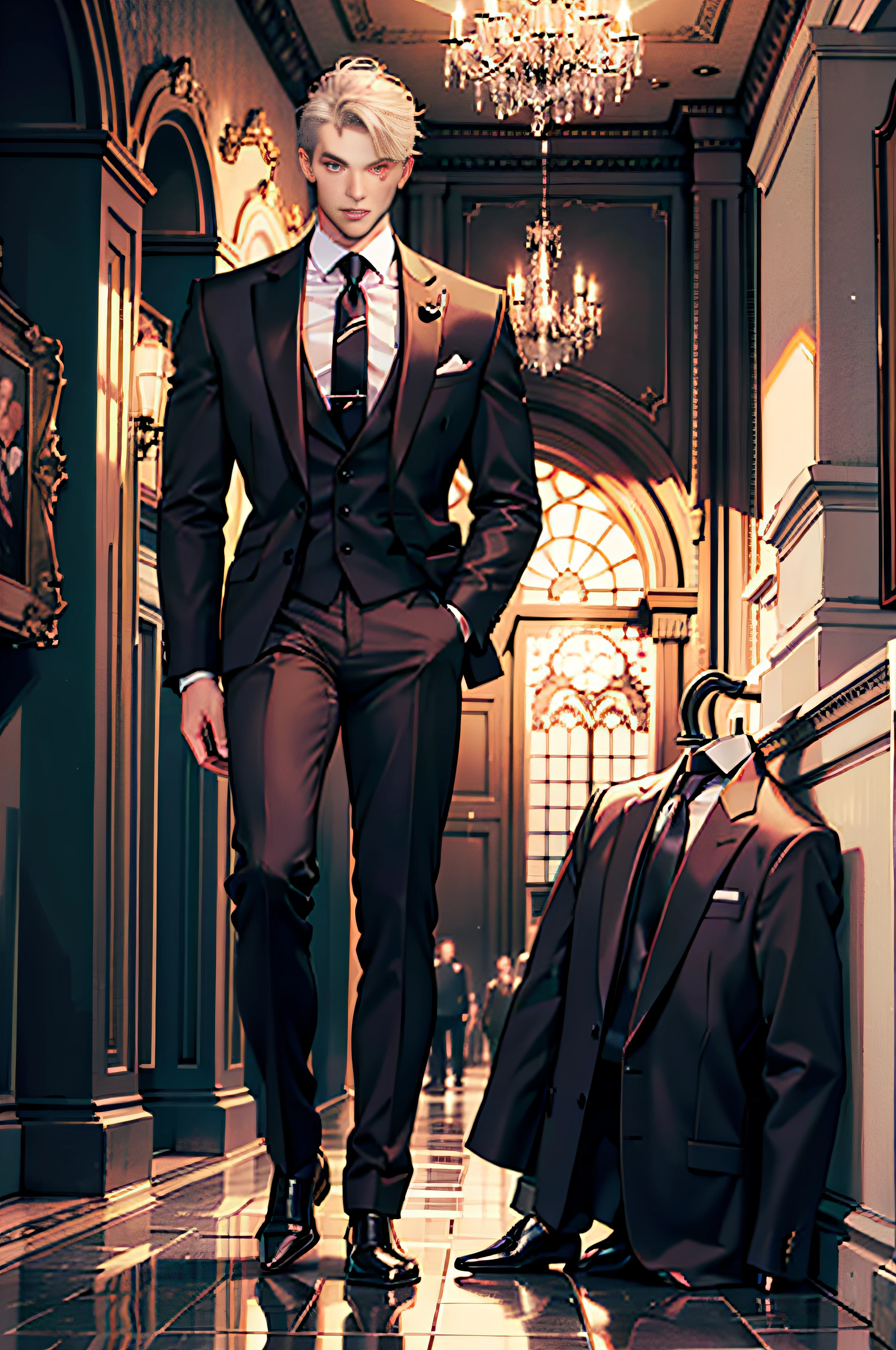 (absurderes, hight resolution, ultra-detailliert),1 male、Adults、a handsome、A tall man、broad shoulder、Detailed eyes and detailed face、top-quality, masterpiece, hight resolution、full body Esbian、Men in suits、the whole、an legs、to stand、Full body photo、formal suit、neck tie、gentleman