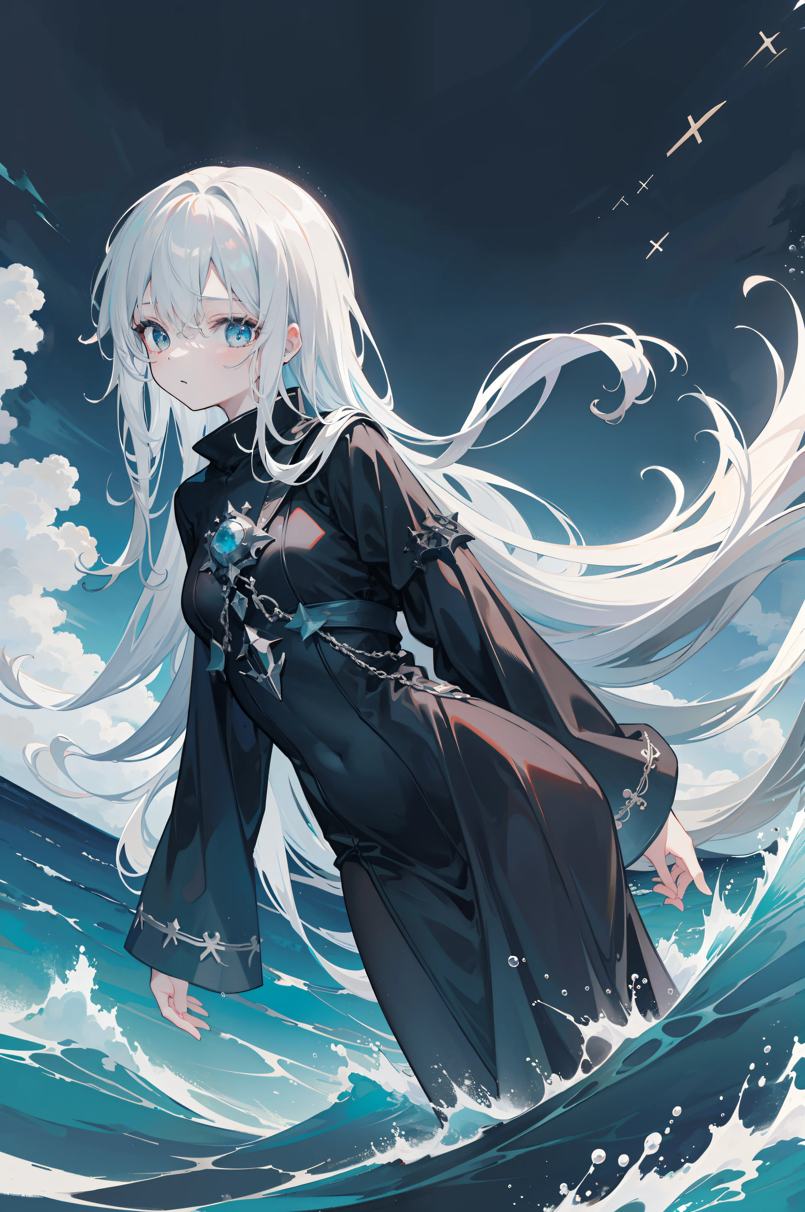 On the sea, The sky is overcast, stormy sea, In the distant ocean, Dark water, An illusory figure floated in the air, It was draped in a black robe。。。, From below, Atmospheric perspective, in a panoramic view, Super detail, High details, Award-Awarded, Best quality, Masterpiece