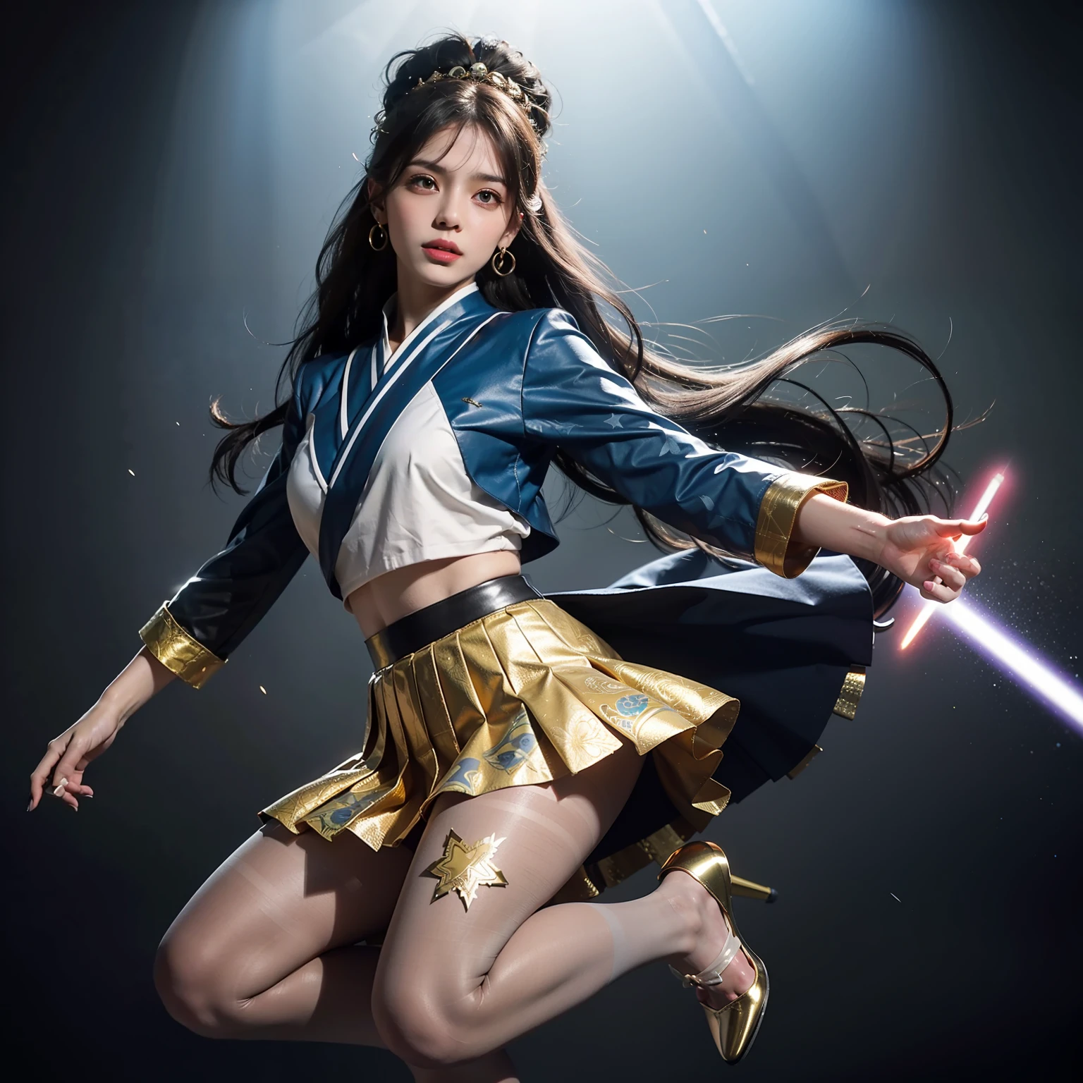 (full body:1.5)，(1girl:1.3),(view the viewer:1.4)，(anatomy correct:1.45),(Dancing on high mountain peaks:1.3),(very thick printed pantyhose:1.4),( A woman Wear printed fantasy Star Wars Set JK student uniform pleated skirt and uniform pointed high-heeled leather shoes  :1.35), (Full skin covered with a large amount of gold and crystal decoration:1.3)， (Light particle effect:1.3),(In pink | amarelo | blue colors| green color |red color | white colors| black in color| purplish color| greys| Beige| Flesh color 1.4)，(Glowing eyes:1.3),(Large amplitude action: 1.3)，(Accurate and perfect face:1.4),hyper HD, Ray traching, reflective light，structurally correct, Award-Awarded, high detail, lighten shade contrast, Face lighting，cinmatic lighting, tmasterpiece, super detailing, high quality, high detail, best quality, 16k，High contrast,