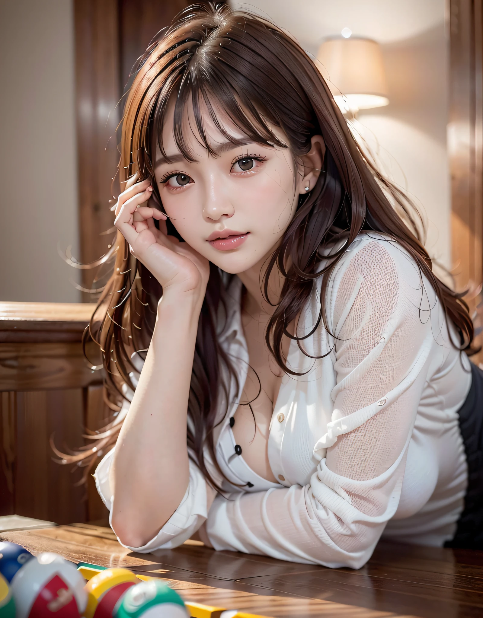 (wearing a detailed luxury clothes1.37, attractive look)), BREAK, (Realistic, Photorealistic: 1.37), (Masterpiece, Best Quality: 1.2), (Ultra High Resolution: 1.2), (RAW Photo: 1.2), (Sharp Focus: 1.3), (Face Focus: 1.2), (Ultra Detailed CG Unified 8k Wallpaper: 1.2), (Beautiful Skin:1.3, pale Skin:1.3), (Hyper Sharp Focus: 1.5), (Ultra Sharp Focus: 1.5), (super detailed background, detail background: 1.3), BREAK, 1girl:1.3, ( Beautiful pretty face: 1.3, Japanese actress face:1.3, Korean idol face:1.3), (38 years old: 1.1, milf:1.37), BREAK, When viewed from the front, the composition is symmetrical, (moody lighting: 1.3), (Cinematic lights: 1.3), (backlight: 1.3), dim lighting, lighting that covers the whole body, looking straight at you, natural posing, arms behind back:1.3, break, (mahogany thin hair: 1.2, wavy hair:1.2, bangs), dark brown eyes, beautiful eyes, princess eyes, (voluptuous:1.47, curby), (medium-breast;1.37, sagging breasts:0.95), (thin waist: 1.05), (detailed beautiful girl: 1.4), BREAK, (Chest squeezed together, View viewer, Solo, Parted lips, pink lips, (Draw an illustration of a woman lying on a billiard table. The woman has long hair and blue eyes. She wears a white shirt and jeans., presenting, night time:1.37), (seductive smile:1.15, in heat:1.3), ((Perfect Female Body)), (Upper Body Image:1.3), Frame Head, Perfect Anatomy, Perfect Proportions, 8.5 Life-Size, Face Focus, Ultra Realistic Photo, Hyper Sharp Image, Hyper Detail Image,