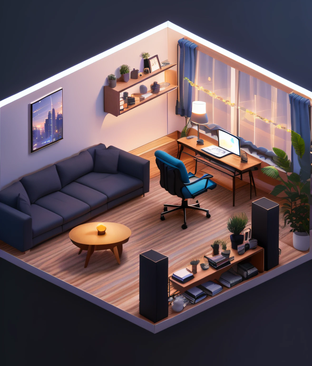 arafed view of a living room with a couch, Table, and a tv, isometric 8k, Isometric style, detailed ambient lighting, ambient lighting from top, personal room background, isometric 3d render, gentle ambient lighting, cozy home background, ambient lighting highly detailed, Detailed 2D illustration, incredible isometric screenshot, stylized 3d render