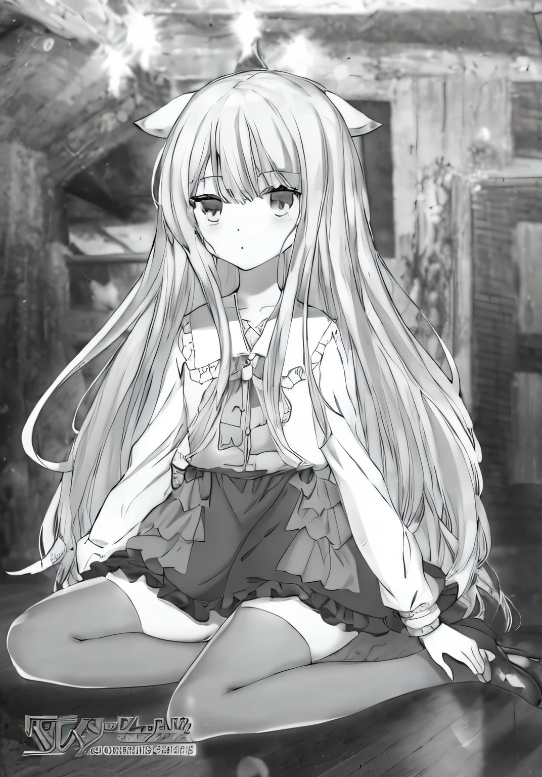 Anime girl sitting on the floor，With a knife in his hand, Holo is a wolf girl, Anime girl with long hair, black and white manga style, anime visual of a cute girl, holo if a wolf girl, small curvaceous ****, anime girl named lucy, Blonde anime girl with long hair, Black and white comics, up of young anime girl