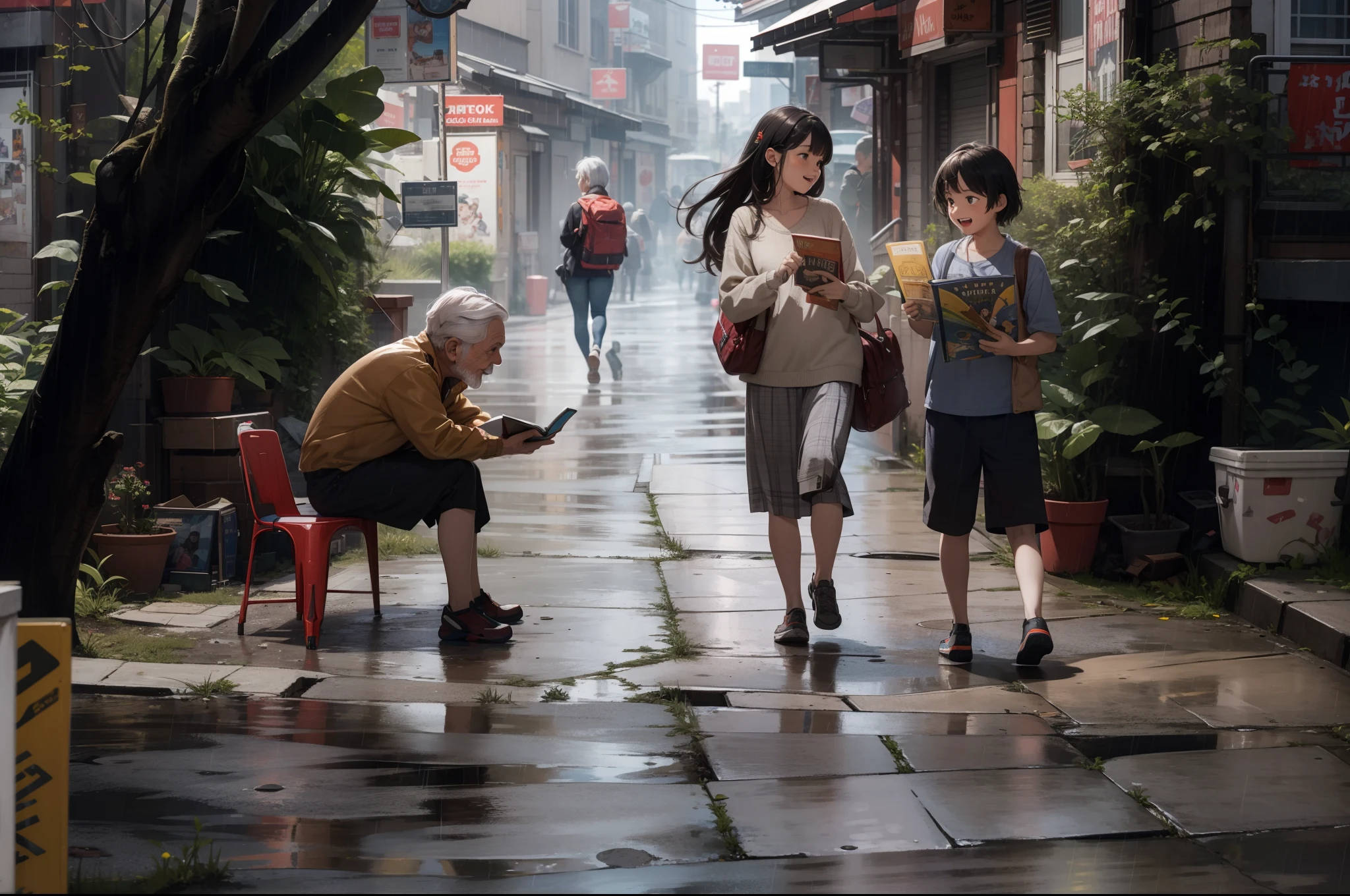 Alley after rain，（The gray-haired grandfather sat on a small chair，Book in hand），（A pair of siblings have just come home from school，Talk and laugh along the way），（There is a group of people taking pictures in the background），tmasterpiece，8K，CG，incredibly detailed，Super resolution，