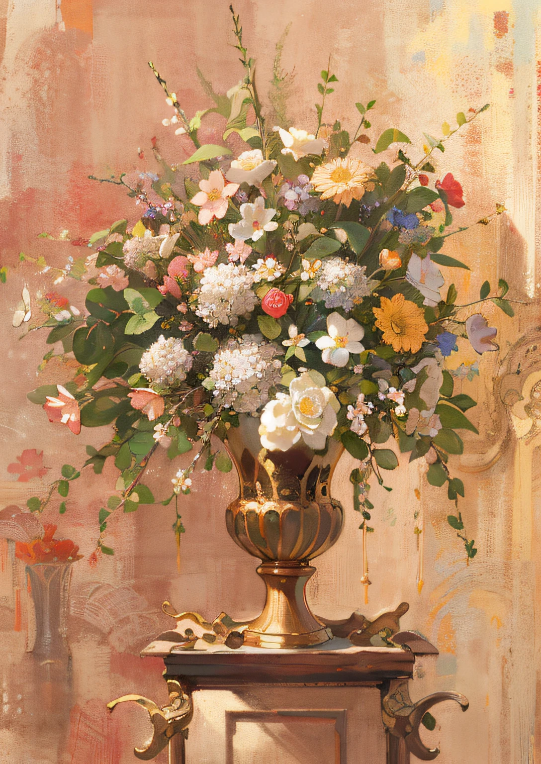 Draw a vase on the table，The background is the wall, vases, elegant flowers, ornate floral, Elegant composition, Bouquet, vase with flowers, gilded. Floral, floral renewal, Elegant scene, Still life with flowers, inspired by François Boquet, i dream of a vase flowers, elegant and refined painting, author：John Clayton Adams