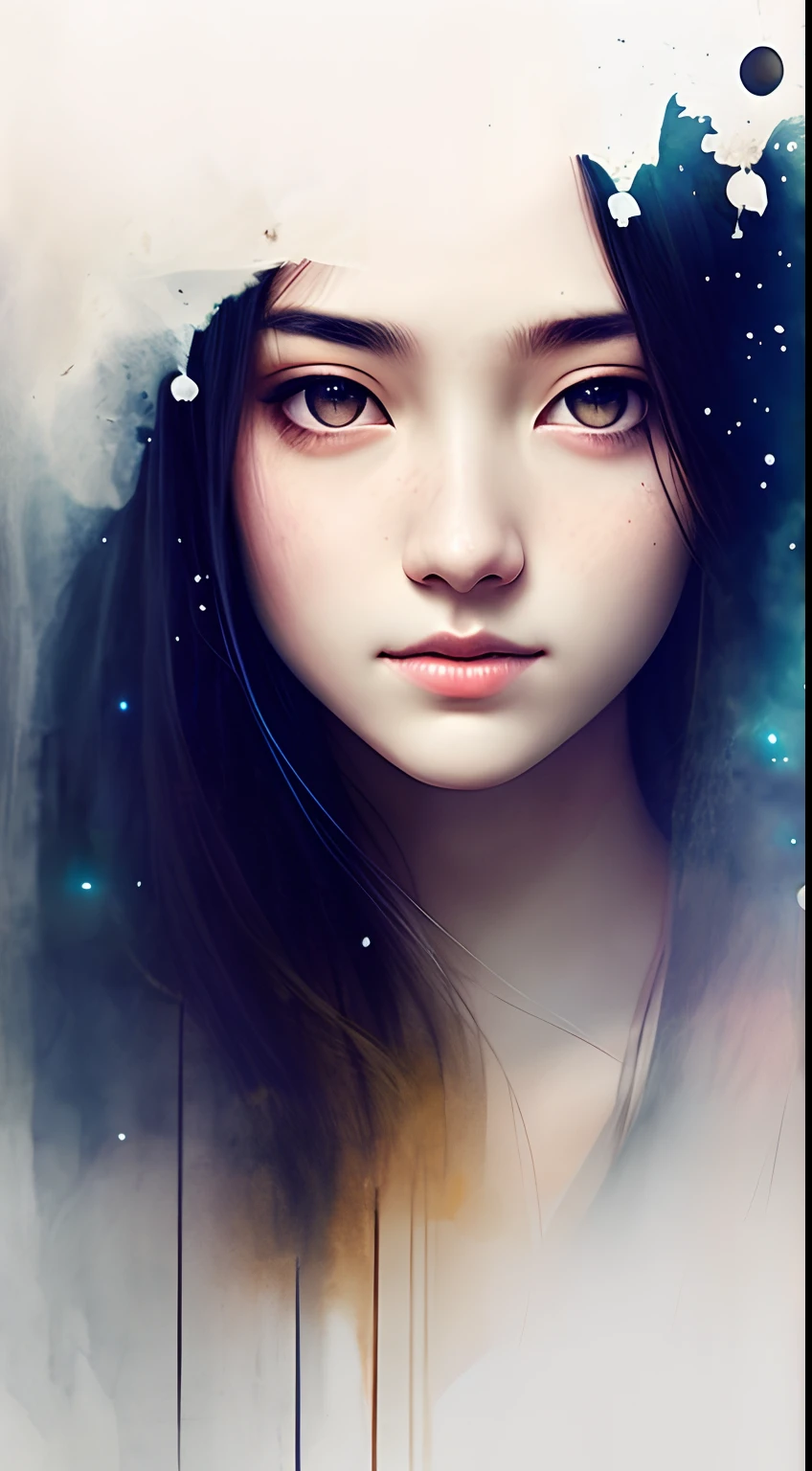 Agnes Cecile female figure,Soft color grading,Ink droplets drift away,Warm lights in autumn,Black hair,Colored ink droplets,Southeast Asian face