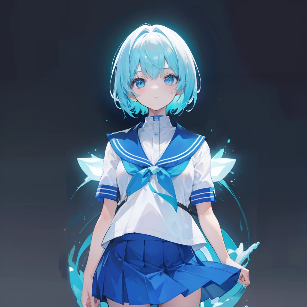 Short hair with ocean blue glow,Wearing a white school uniform for Korean high school girls,pleatedskirt,The body is fluorescent,She is a cute little girl