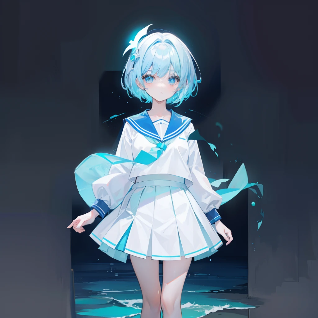 Short hair with ocean blue glow,Wearing a white school uniform for Korean high school girls,pleatedskirt,The body is fluorescent,She is a cute girl