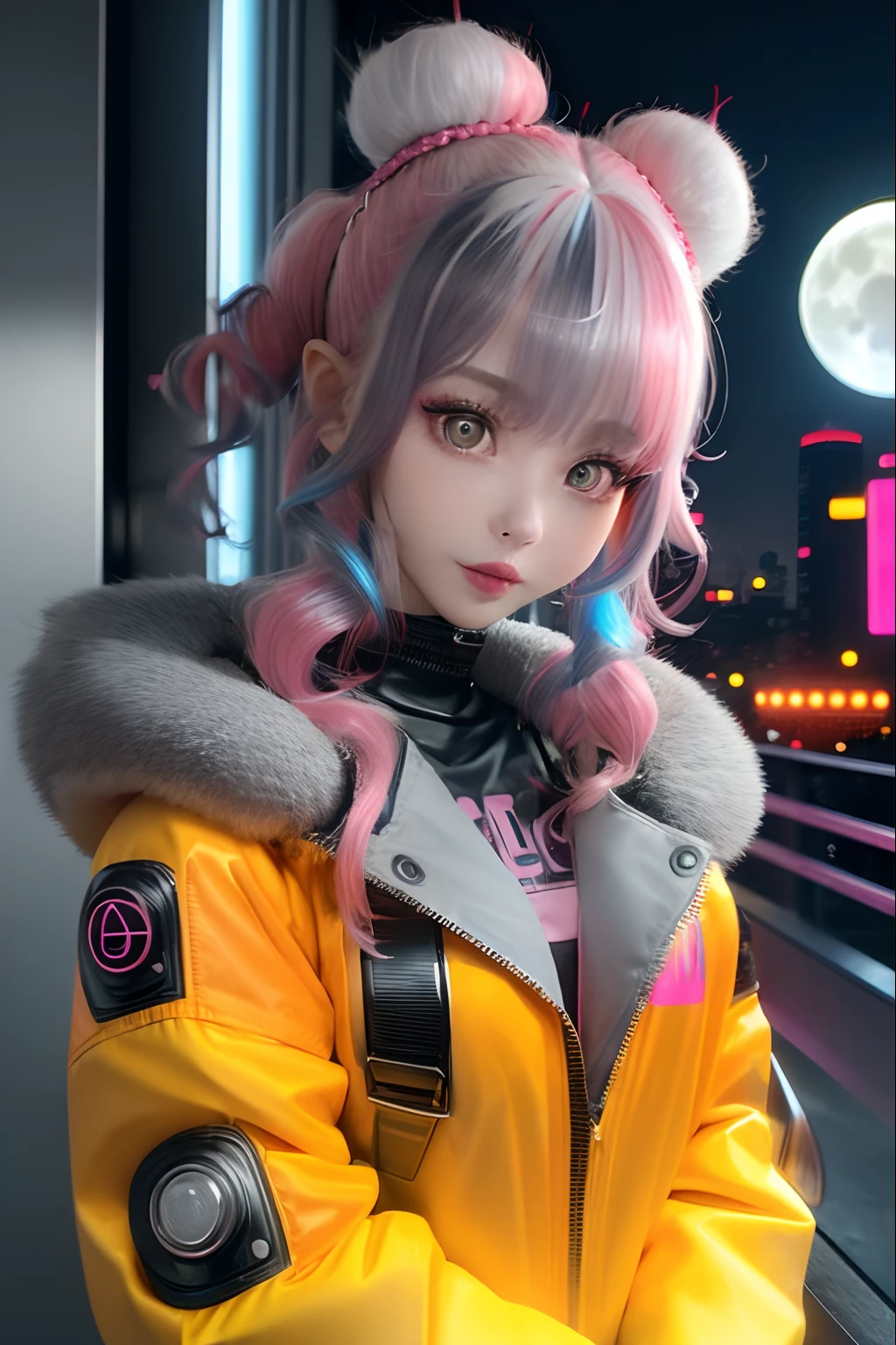 lucy \(cyberpunk\), 1girl, Hair scrunchies, hime-cut, silber hair, Colored tips, fullmoon, grey eyes, jaket, long-sleeve, Look at the viewer, Medium hair, hair of Multi-colors, Parted bangs, Parted lips, A pink-haired, portlate, Red eyeliner, red-lips, 独奏, Orange jacket, cyberpunked\(series\), A city with neon lights、