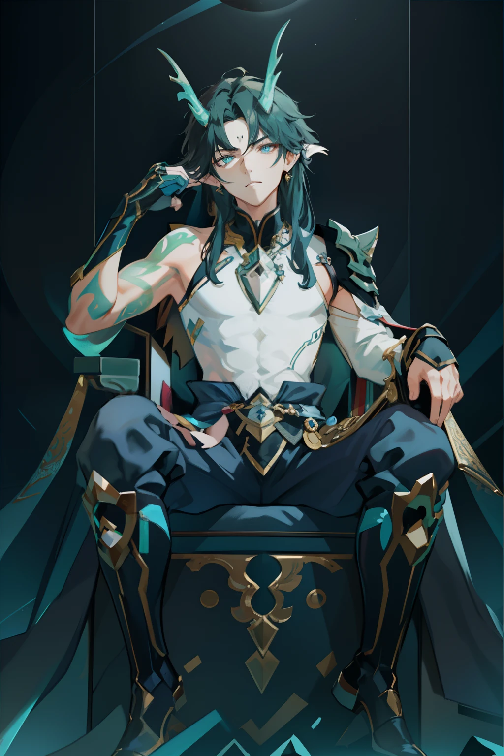 (absurderes,A high resolution,Hyper-detailing,hdr),Dragon's horn,younge boy,tmasterpiece,best qualtiy,1人,独奏,Handsome,Golden eyes,Fine eyes and detailed face,toppless,Tattooed with,arma,seated on a throne,Indifferent and arrogant,Abs,chest muscle,Raised sexy,Ruffian,Show your temperament,Male,masculine appeal,Male characteristics are distinct,Long messy hair,Arrogant,self-assured,Sitting majestically on the throne,Pondering,Legs crossed,white pantie,supreme,Lazy,Handsome,