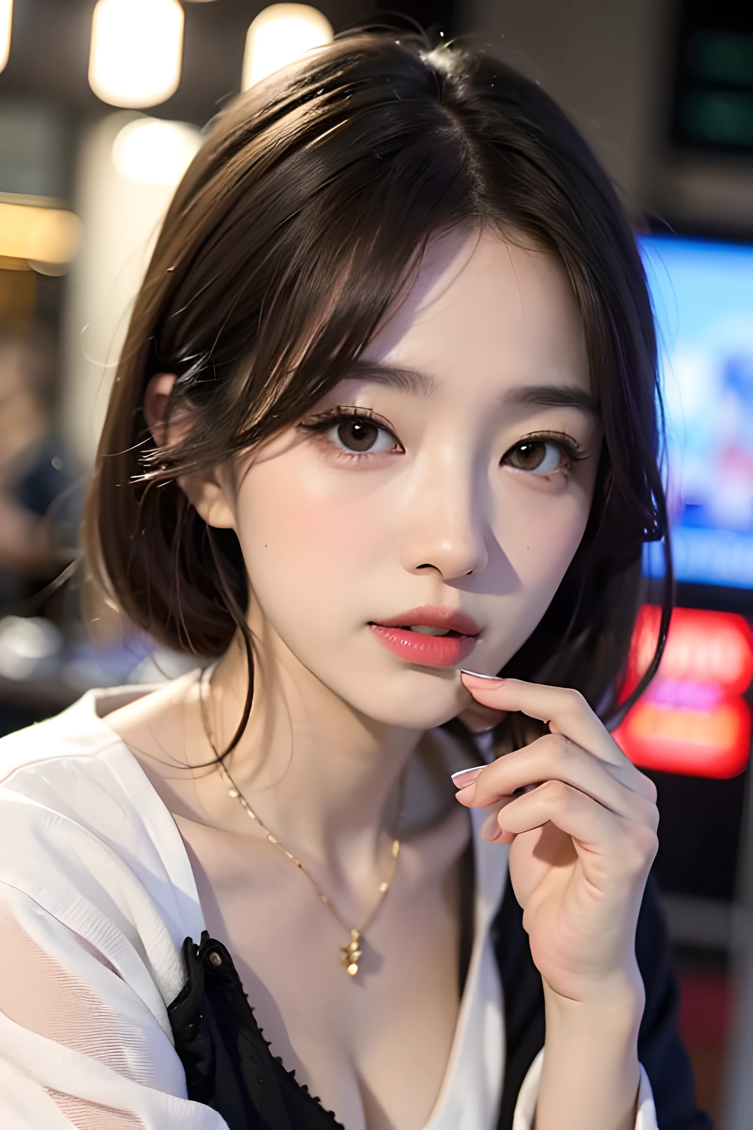 (8K、RAW Photos、top-quality、masterpiece:1.2)、(realisitic、Photorealsitic:1.37)、女の子1人、japanes、32years old、femele、Mare、natta、profetional lighting、Photon mapping、Radio City、torn、Colossal tits、gals、Lots of lashes、Lame on the eyelids、Pitch black lip、