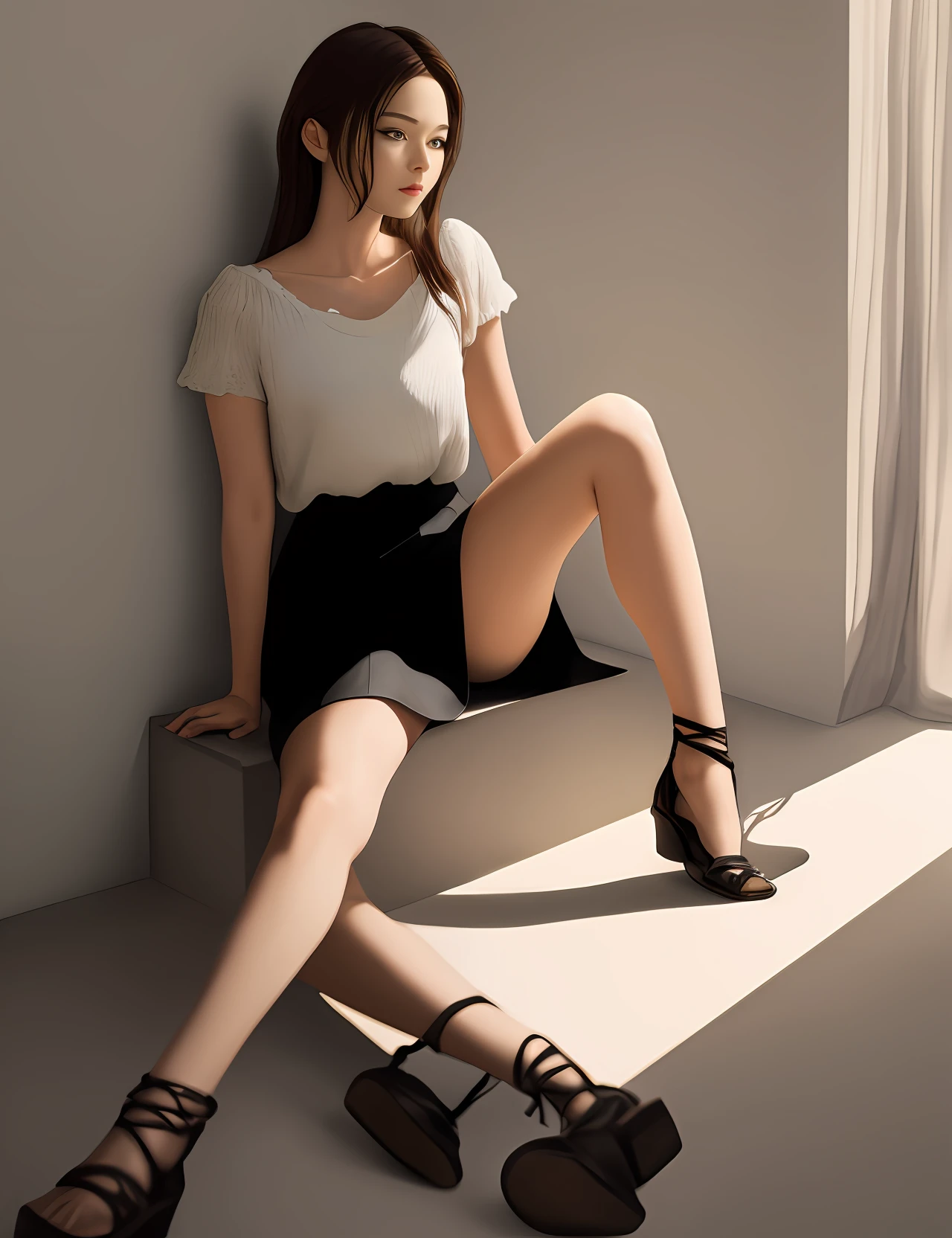 "Original depiction of reality in a masterpiece,Extremely complex and delicate close-ups,Cinematic light and shadow effects,Perfect shadow performance,Ultra-high resolution detail,Full body presentation,The girl sat there with her legs open,The skirt is curved。"
