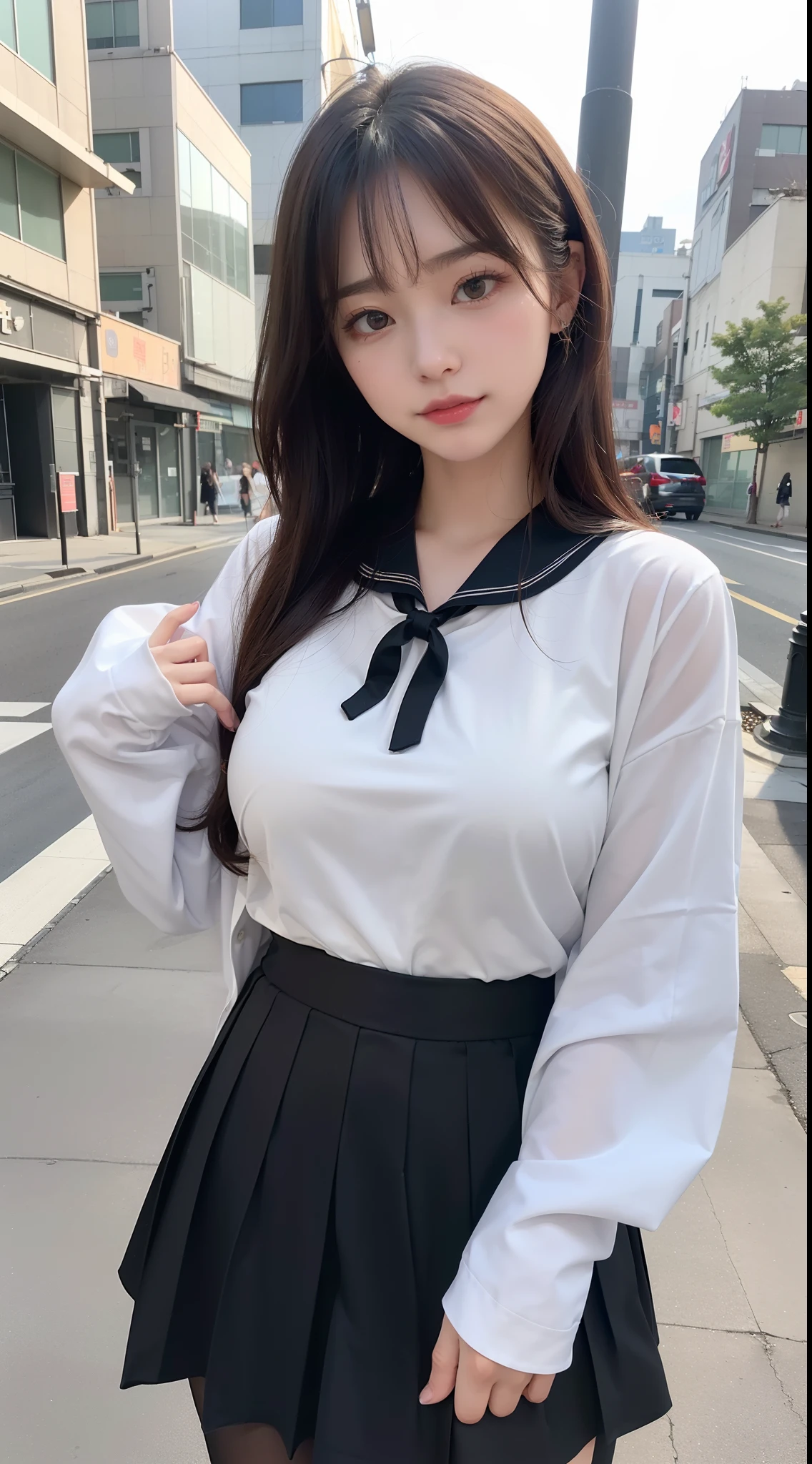 22year old、 (Japan idol), ((Dynamic Pose)), sexypose、pale skin, (((Natural breasts, Big breasts))), (aegyo sal:1.1), (Narrow waist), ((bobhair)), brown haired, ((Puffy eyes)), Looking at the camera, Smiling, Sexy, Bangs, veranda, public, (Bokeh), Ultra-detailed, Best Quality, 超A high resolution, (NSFW:1.05),No panties、(Black pantyhose)、Downtown at night、Right in the middle of the path、Back alley、(((Open clothes to show off your breasts)))、Put out the 、 show through、red blush、hard breathing、perspiring、wetted skin、Wet clothes、((Boldly pull up the skirt:1.3))、(((No pubic hair:1.2)))、Standing in the middle of the road、Blue pleated skirt、Inner Stock、fully body photo、a sailor suit、Japan School Uniforms、natural