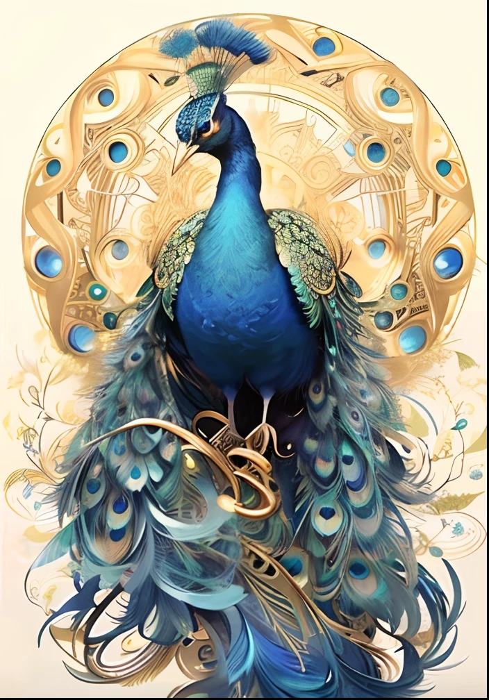 Close up of peacock on gold background, blue phoenix bird, peacock, the solarpunk phoenix, peacock. Intricate, Peacock in the desert, surrealistic bird, Exquisite digital illustration, elaborate digital art, Superb intricate artwork, surrealistic bird, gorgeous digital art, illustration in the golden ratio, hyperrealistic art nouveau