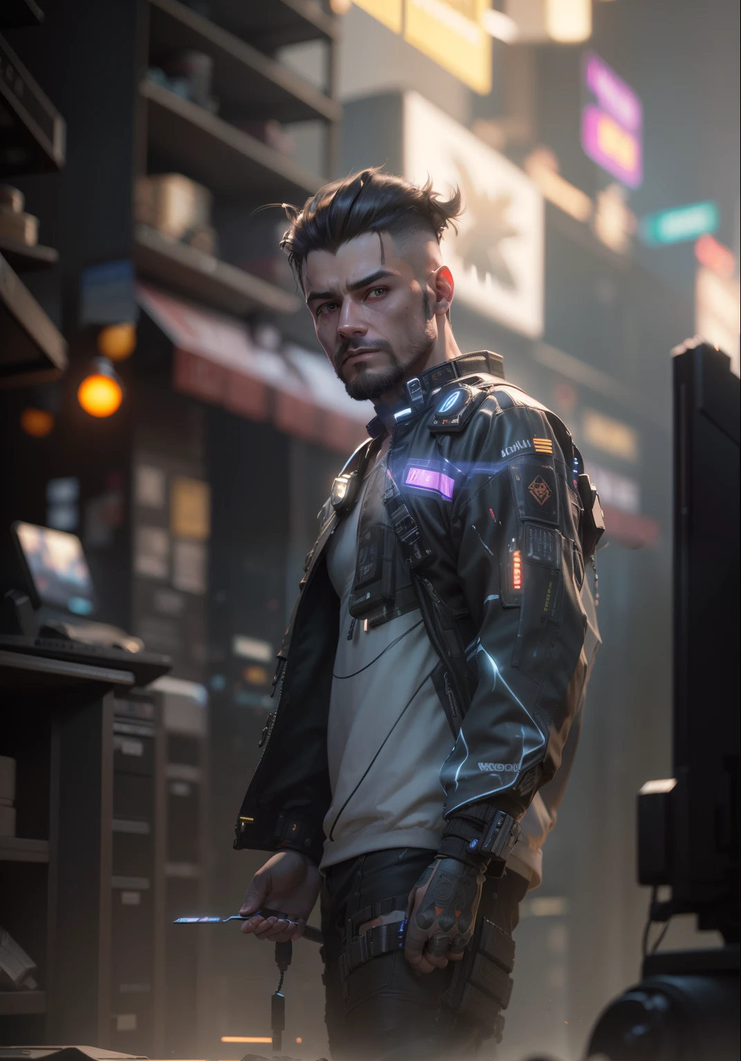 ((Best Quality)), ((Masterpiece)), (Very Detailed:1.3), 3D, Beautiful (Cyberpunk:1.3) Male hacker, Mohican hairstyle, kneeling on the ground, thick hair, operating computer terminals, head-mounted displays, computer servers, LCD screens, fiber optic cables, company logos, HDR (High Dynamic Range), ray tracing, NVIDIA RTX, Super Resolution, Unreal 5, Subsurface scattering, PBR textures, post-processing, anisotropic filtering, depth of field, Maximum sharpness and sharpness, multi-layered textures, albedo and highlight maps, surface shading, accurate simulation of light-material interactions, perfect ratios, octane rendering, duotone lighting, low ISO, white balance, rule of thirds, wide aperture, 8K RAW, efficient sub-pixels, subpixel convolution, luminous particles, dynamic pose