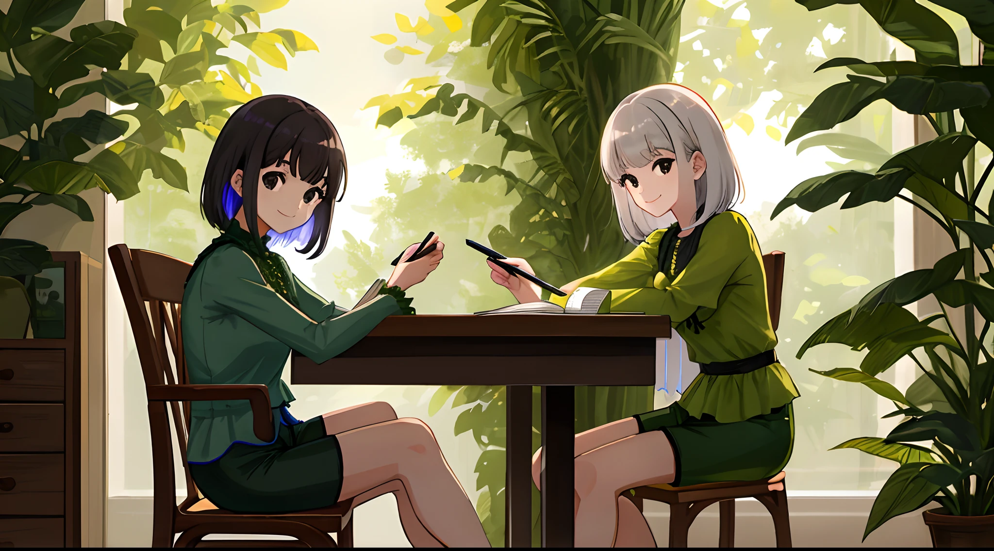 She wore a leaf-green blouse,Leaf-colored shorts,Bangs skimmed to the right-hand side,cabelos preto e longos,Black eyes sitting in a chair,There are lights and work on the table,Hold a pen in your right hand,Look at the camera with a smile on your face,The girl is alone,Inside the room