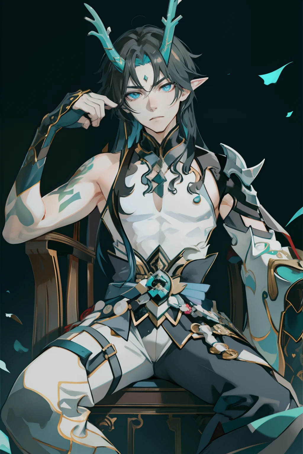 （absurderes，A high resolution，Hyper-detailing，hdr），Dragon's horn，younge boy，tmasterpiece，best qualtiy，1人，独奏，Handsome，Golden eyes，Fine eyes and detailed face，toppless，Tattooed with，arma，seated on a throne，Indifferent and arrogant，Abs，chest muscle，Raised sexy，Ruffian，Show your temperament，Male，masculine appeal，Male characteristics are distinct，Long messy hair，Arrogant，self-assured，Sitting majestically on the throne，Pondering，Legs crossed，white pantie，supreme，Lazy，Handsome，
