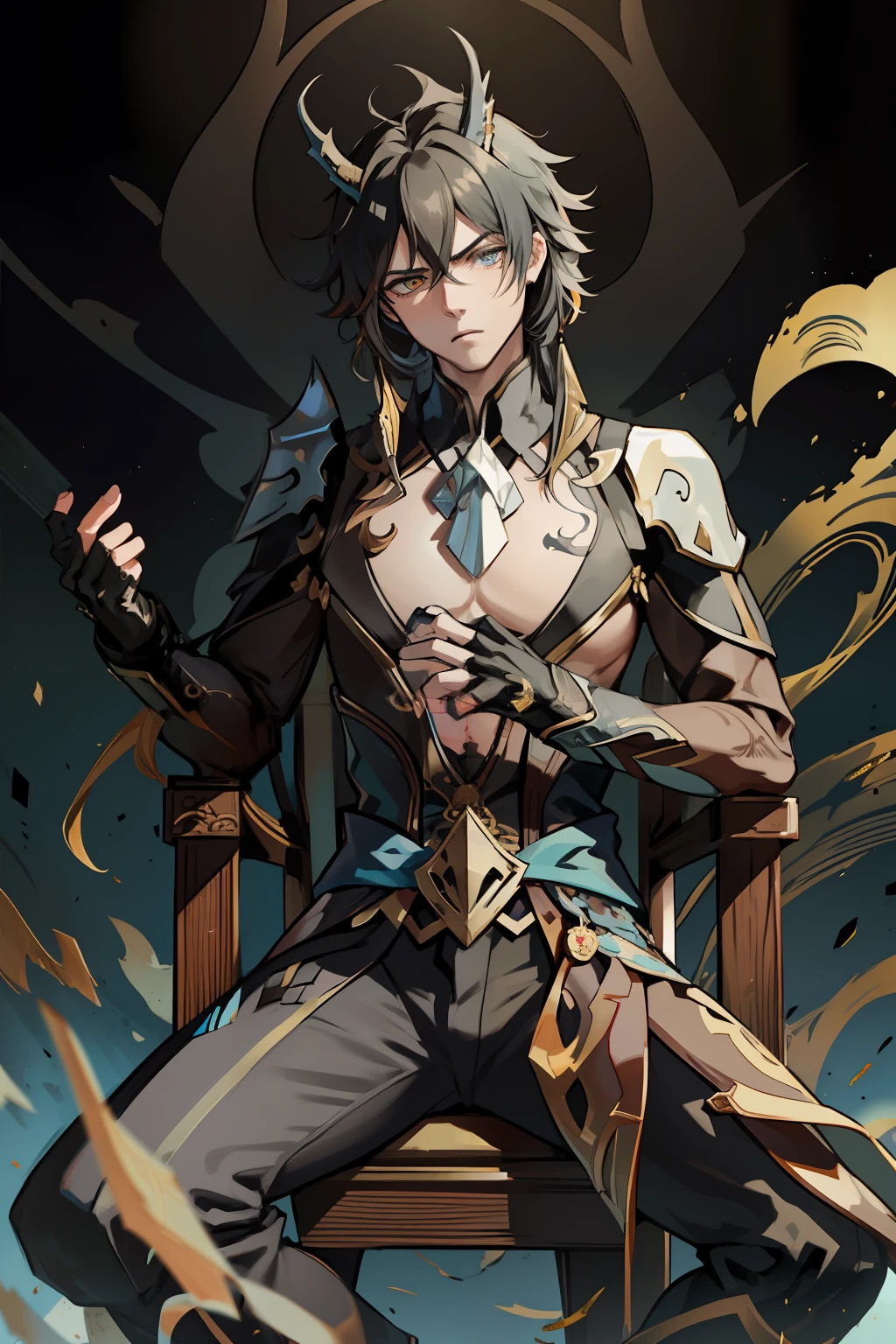 (absurderes,A high resolution,Hyper-detailing,hdr),Dragon's horn,younge boy,tmasterpiece,best qualtiy,1人,独奏,Handsome,Golden eyes,Fine eyes and detailed face,toppless,Tattooed with,arma,seated on a throne,Indifferent and arrogant,Abs,chest muscle,Raised sexy,Ruffian,Show your temperament,Male,masculine appeal,Male characteristics are distinct,Long messy hair,Arrogant,self-assured,Sitting majestically on the throne,Pondering,Legs crossed,white pantie,supreme,Lazy,Handsome,