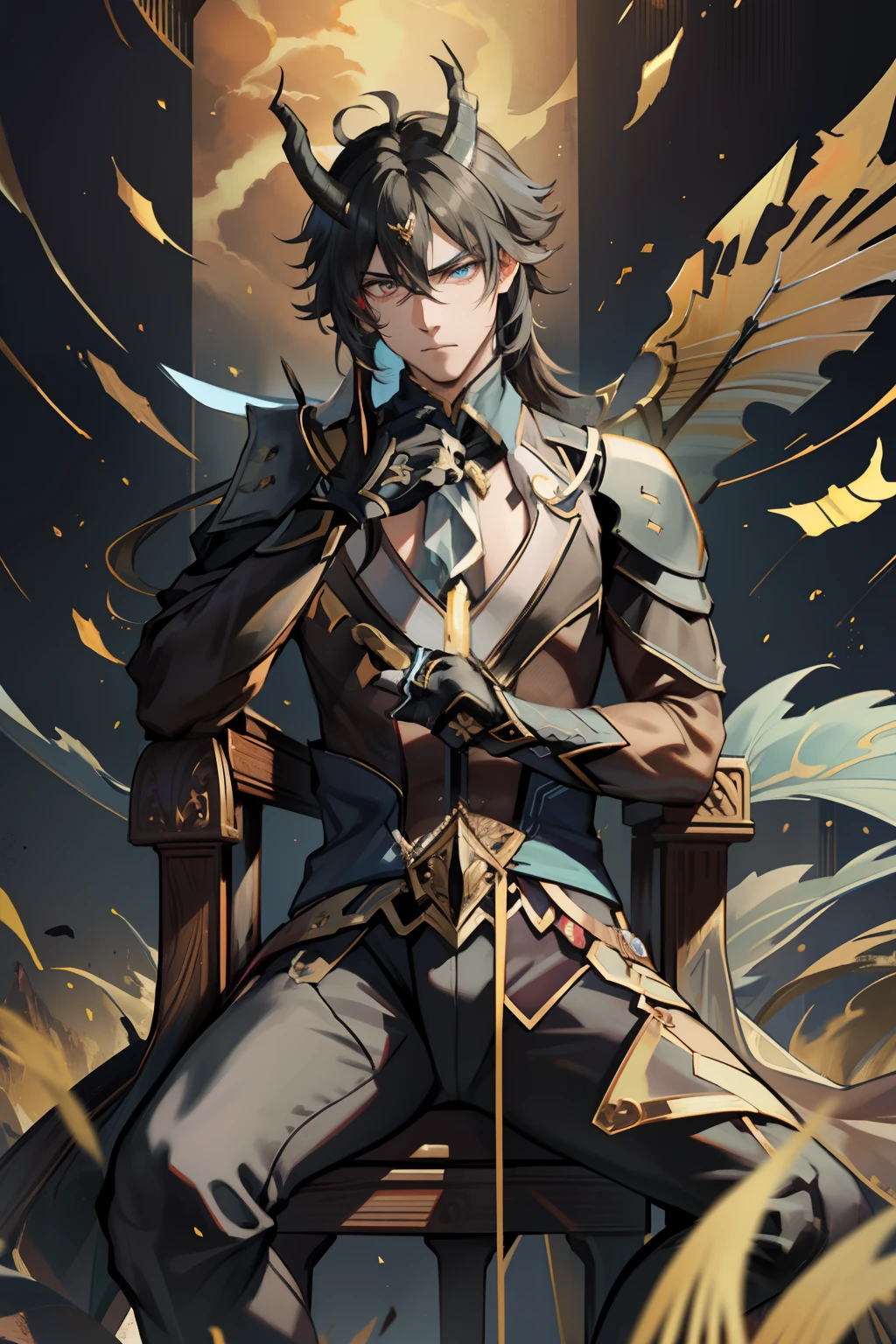 (absurderes,A high resolution,Hyper-detailing,hdr),Dragon's horn,younge boy,tmasterpiece,best qualtiy,1人,独奏,Handsome,Golden eyes,Fine eyes and detailed face,toppless,Tattooed with,arma,seated on a throne,Indifferent and arrogant,Abs,chest muscle,Raised sexy,Ruffian,Show your temperament,Male,masculine appeal,Male characteristics are distinct,Long messy hair,Arrogant,self-assured,Sitting majestically on the throne,Pondering,Legs crossed,white pantie,supreme,Lazy,Handsome,