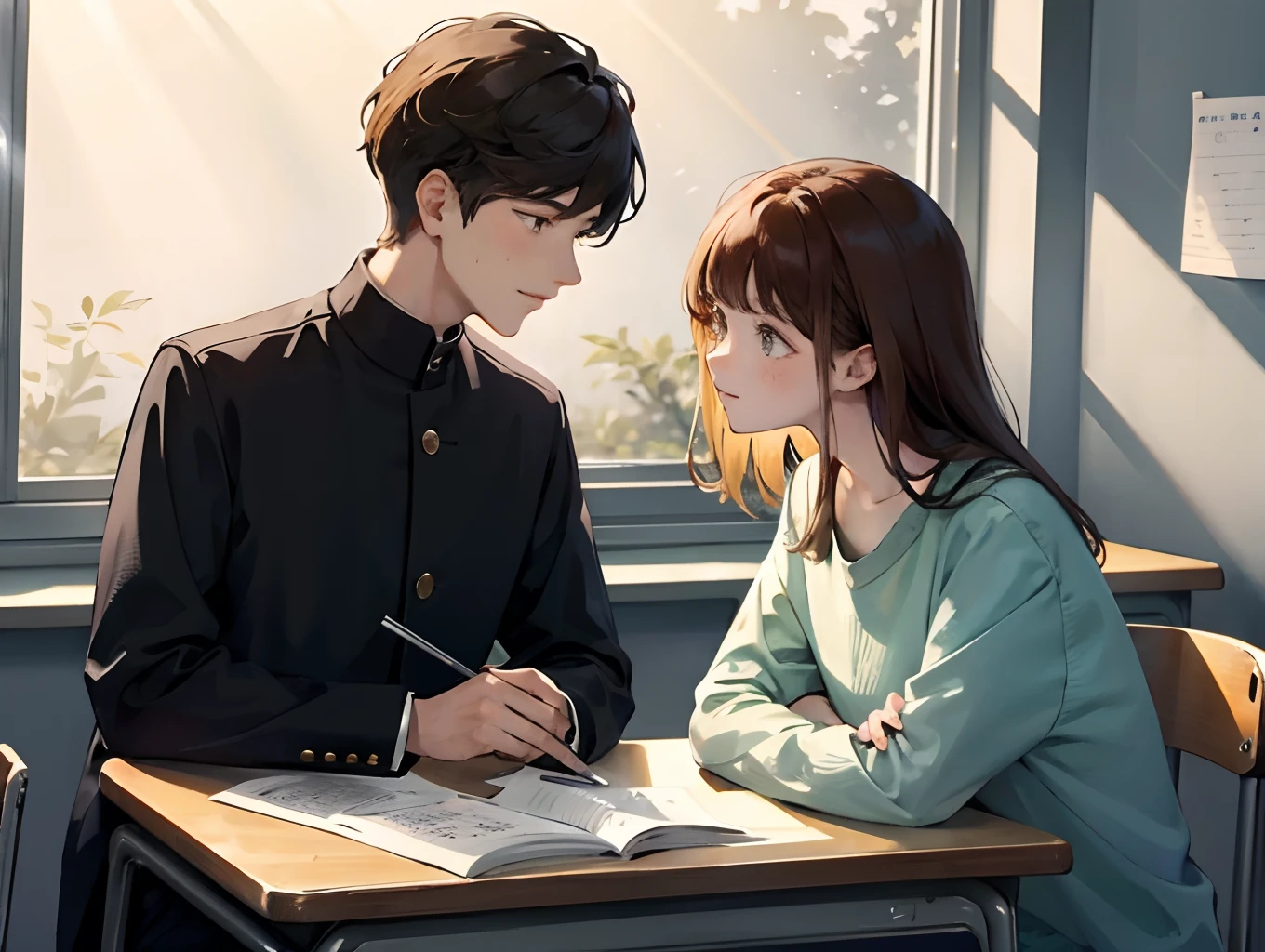 In the classroom,A boy gives a girl a math problem,They are at the same table,sunlight through the window,The picture is warm colors,
