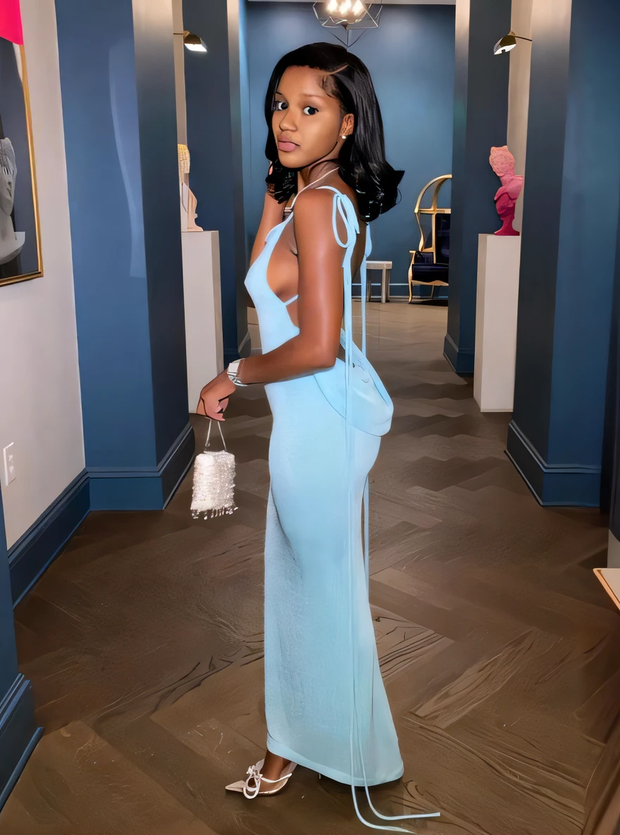 a woman in a blue dress standing in a hallway, vestido azul gelado;, vestido azul longo, sky - blue dress, usando um vestido elegante, em vestido azul, azul pastel, sky blue, vestindo uma roupa elegante, usando um vestido longo, pale blue outfit, com cintura fina, suave em _ O pano de fundo, vestido de seda azul, vestido longo, vestindo vestido longo