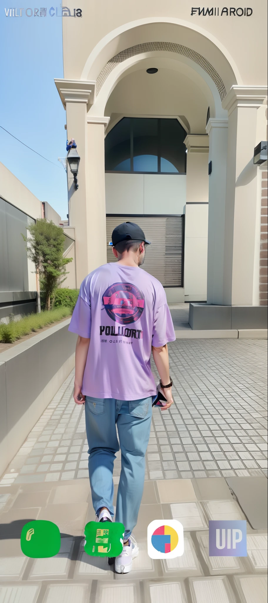 arafed man walking down a brick walkway with a phone in his hand, violet coloured t-shirt, trending on r/streetwear, streetwear fashion, japanese streetwear, inspired by theCHAMBA, graphic tees, 2 0 2 0 fashion, outlive streetwear collect