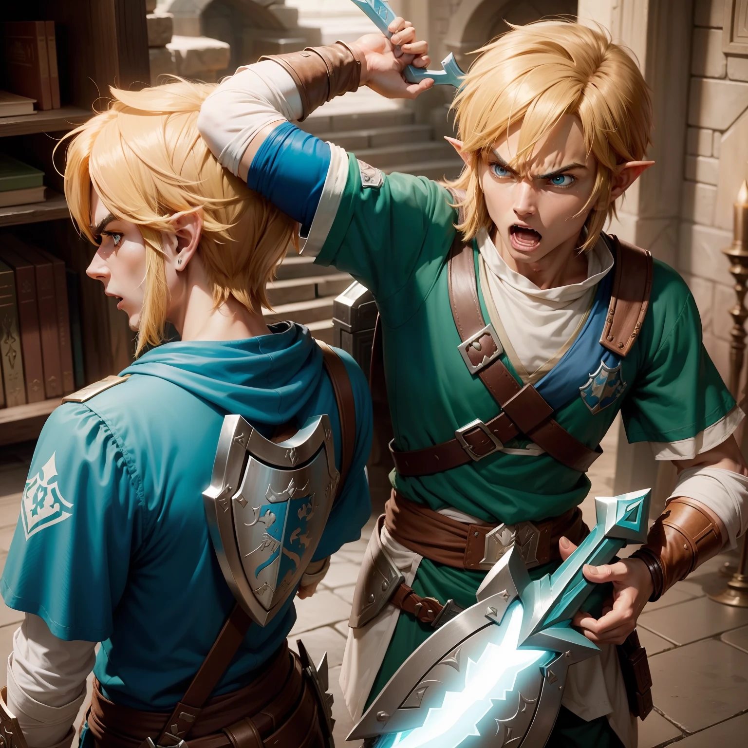 Link, Master sword in hand, shield on back, angry
