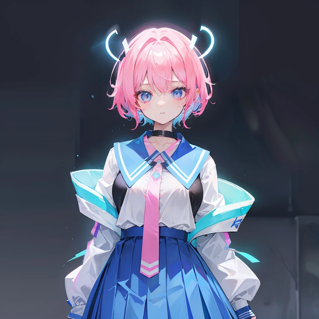 Short hair with a pink gradient blue glowing with fluorescence,Breast enlargement and thin waist are very sexy,Wearing a Korean high school uniform for female high school students and a pleated skirt, she is fluorescent,Clothes are not exposed,This is a cute, cute, lively and lively beautiful girl