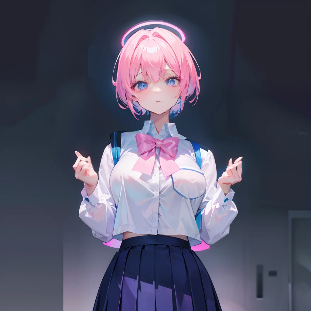 Short hair with a pink gradient blue glowing with fluorescence,Breast enlargement and thin waist are very sexy,Wearing a Korean high school uniform for female high school students and a pleated skirt, she is fluorescent,Body parts are not exposed,This is a cute, cute, lively and lively beautiful girl