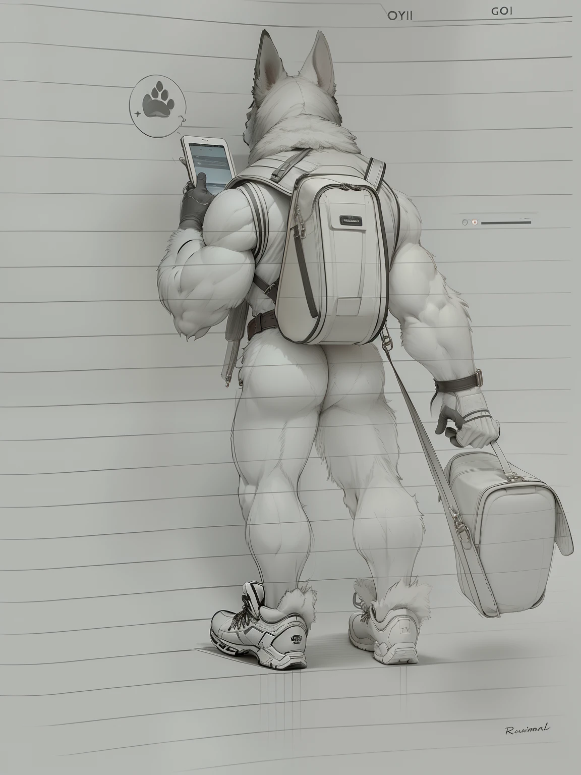 The back of a strong canine humanoid carrying a travel bag