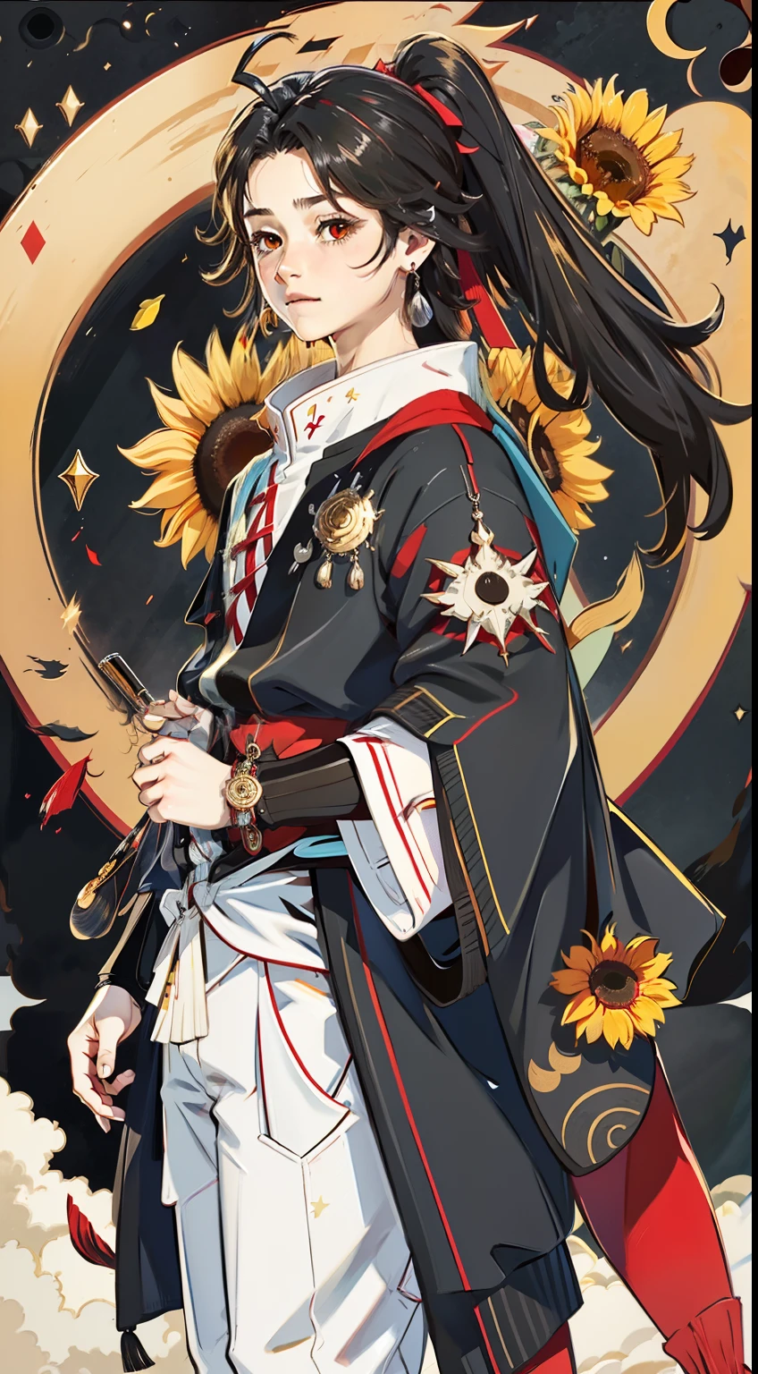 A boy with long black hair and a high ponytail，The left eye is golden，The right eye is red，There are four golden stars under the left eye，Hang red ribbon earrings on the right ear，Wearing red and black Hanfu，Stand in a field of sunflowers
