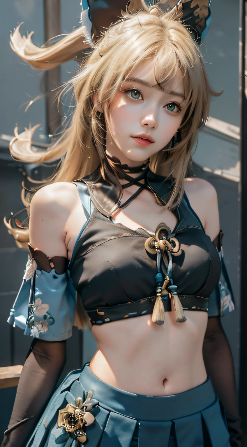 Masterpiece, best quality, real lighting, super high resolution, (realism, photo realism: 1.48), 1 girl, beautiful, blonde ,solo, ahoge, hair accessory, bare shoulders, crop top, navel, split sleeves, elbow gloves, gloves, tail, and skirt, nya