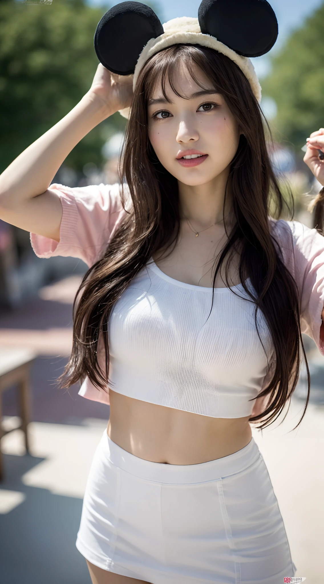 (8K、Raw photography、top-quality、masuter piece:1.2)、ultra-detailliert、ultra res、(realisitic、rialistic photo:1.37)、portlate、high-definition RAW color photography、Professional Photography、highly detailed and beautiful、ighly detailed、8K Picture Wallpaper、amazing detailed、huge filesize、Official art、Highly detailed CG Unity 8K wallpapers、highly detailed beautiful girl、extra detailed face、extremely detailed eye、highlydetailed skin、extremely detailed fingers、highly detailed nose、very detailed detailed mouth、Perfect Anatomy、细致背景、Detailed clothing、女の子1人、(20:1.2)、in her 20s、Cute girl s、Realistic body、小柄、de pele branca、glistning skin、Slim body、A dark-haired、(((Shaggy hair)))、(bluntbangs: 1.2)、Blunt bangs: 1.2)、kawaii、kawaii faces、Realistic face、Delicate eyes、Sauce order、(((Disney land)))、((Minnie Mouse Hat))、((FULL BODYSHOT))、((Stylish white t-shirt))、((Ultra white mini skirt))、(((no-bra)))、((Pull shot))、耳Nipple Ring、a necklace、((Frontal shot))、((Play with open arms))、(((Hair that flutters in the wind)))、Looking at the camera、cowboy shot、Contrapo、动态照明、C cup milk、A smile、Opening Mouth、Beautiful legs、