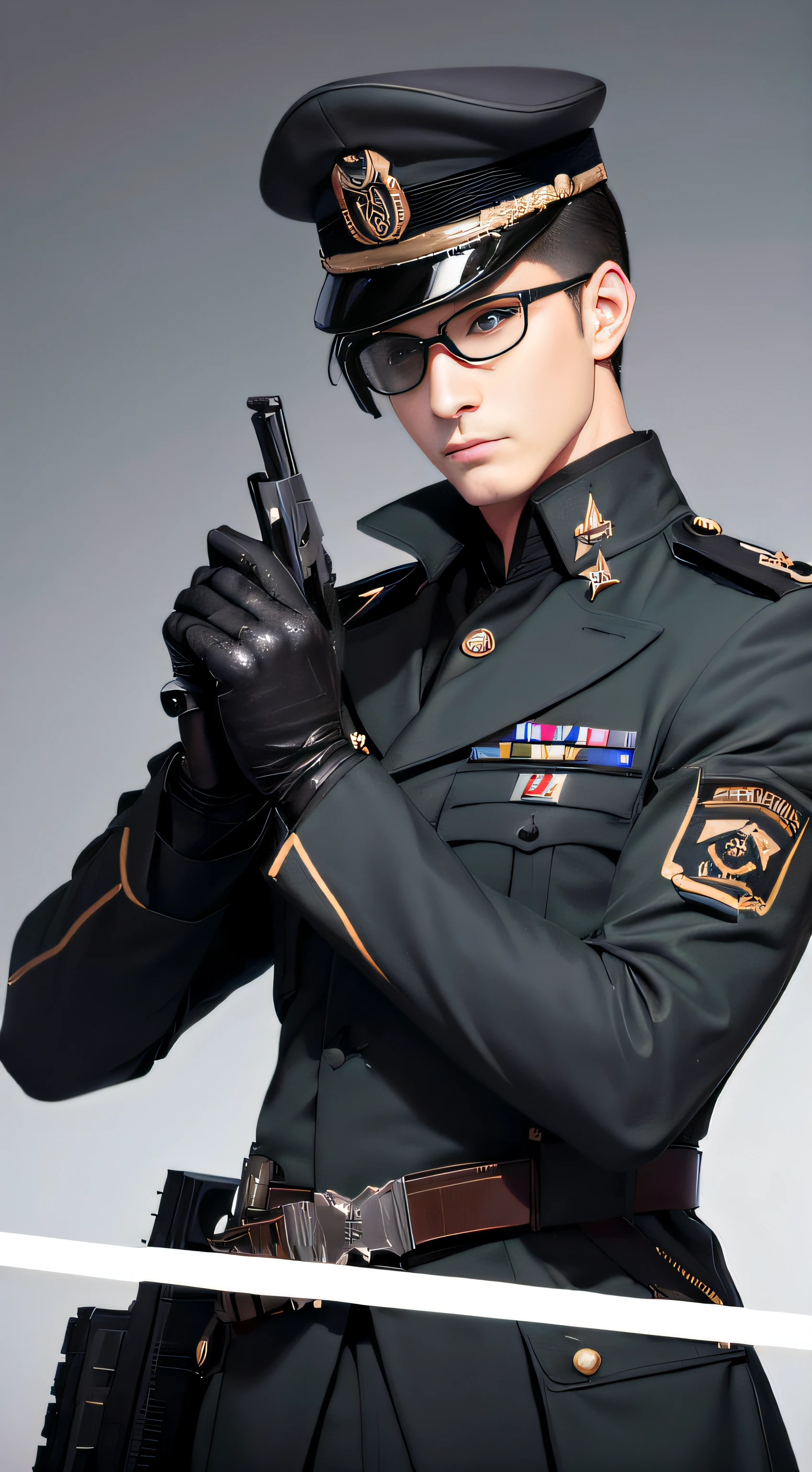 Male soldiers，Dark military uniform,  Man in goggles, The facial features are tough and handsome, Delicate facial features，Exquisite military uniform， Hold a gun in both hands，Assault rifle QBZ, 8k digital painting, High-quality fanart,  Detail art style，The lens gazes, The upper part of the body，closeup cleavage，illustration