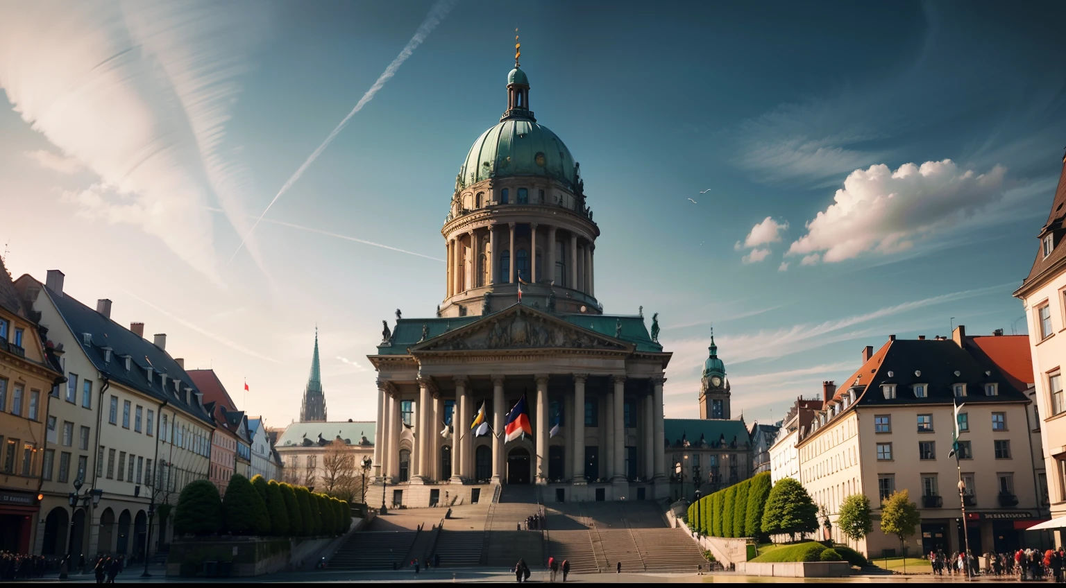 (Cinematic quality)，(Beautiful wallpapers)，Future Empire，Capital of the Empire，Huge modern parliament building，German People's Hall，The flag is raised，Bustling city，(Greater German Empire)，Square in front of the National Assembly，(Greater Germania)，Eagle of the Empire，(Evil Empire)
