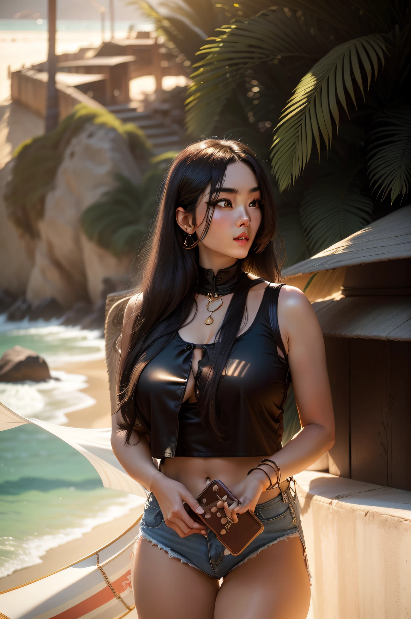 Uma mulher solo, usando um vestido longo azul escuro, com olhos verdes detalhados, detailed red lips, smile expression, cabelo preto longo, with golden pieces, showing she gives waist up, seios grades, coxas grossas cintura fina, behind her a background an amusement park with a Ferris wheel, pele branca lisa sem tatuagem.