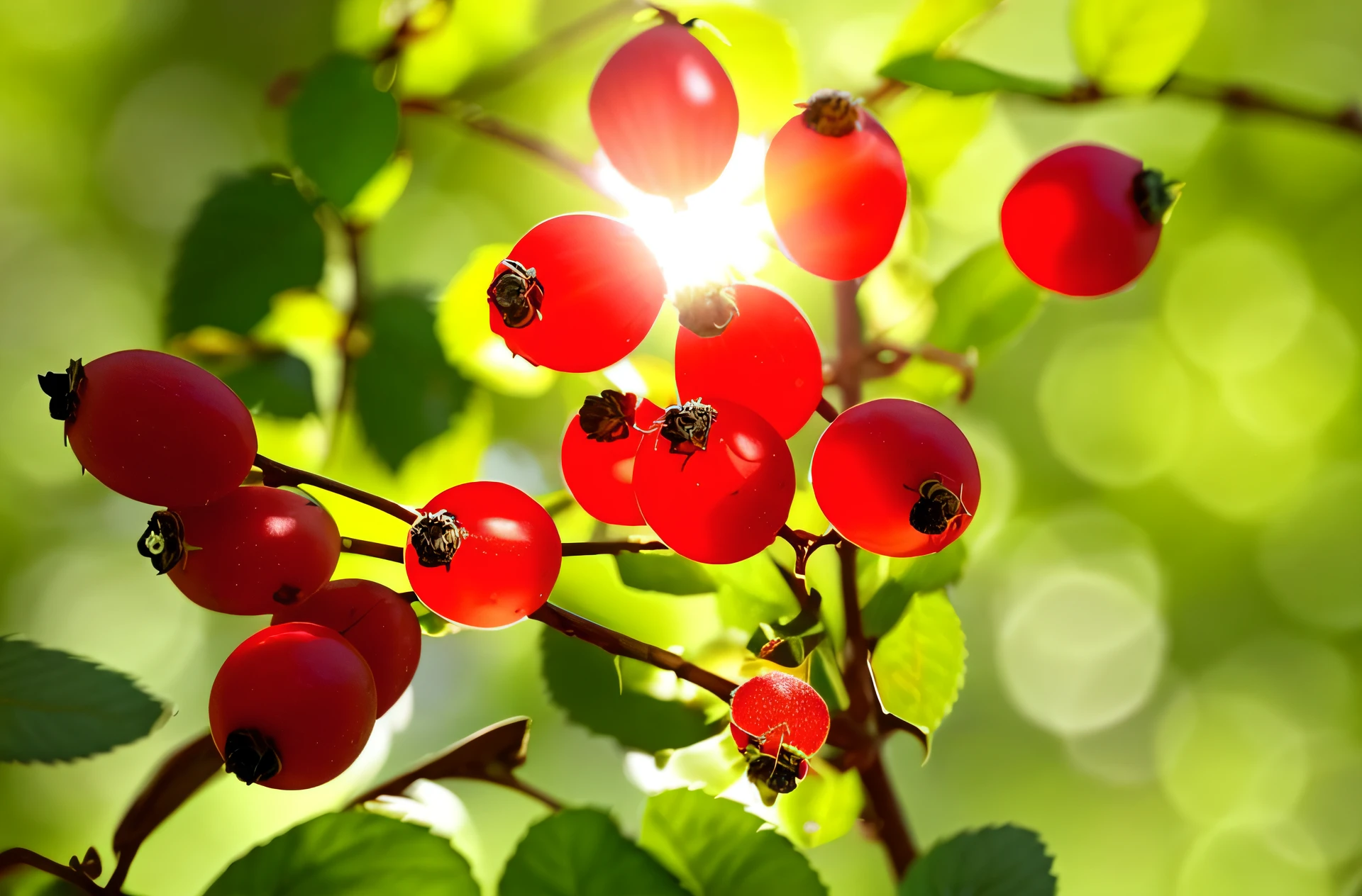 There are many red berries on the green leafy branches, berries, wild berries, “berries, Wild berry vine, berries inside structure, rose-brambles, Excellent quality, berries dripping, Extremely quality, Extremely high quality, high high quality, high high quality, high high quality, Superior quality, 💋 💄 👠 👗, Good looking - good looking。More backgrounds,Sunlight transmits