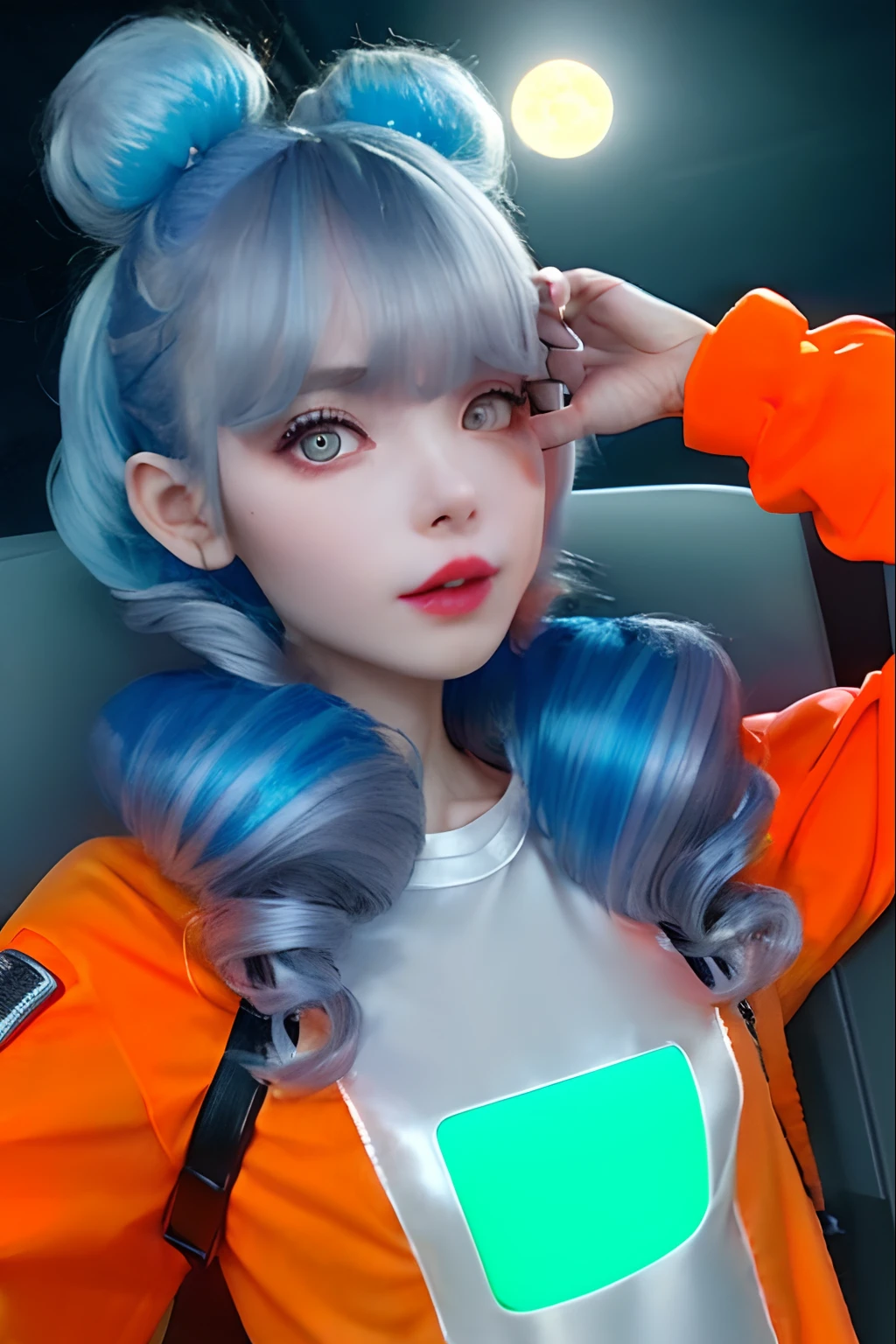 Lucy \(Cyberpunk\), 1girl in, Hair scrunchies, hime-cut, silber hair, Colored tips, fullmoon, grey  eyes, jaket, long-sleeve, Look at the viewer, Medium Hair, hair of Multi-colors, Parted bangs, Parted lips, Blue hair, portlate, Red Eyeliner, red-lips, 独奏, Orange T-shirt, cyberpunked\(Series\), Neon City、