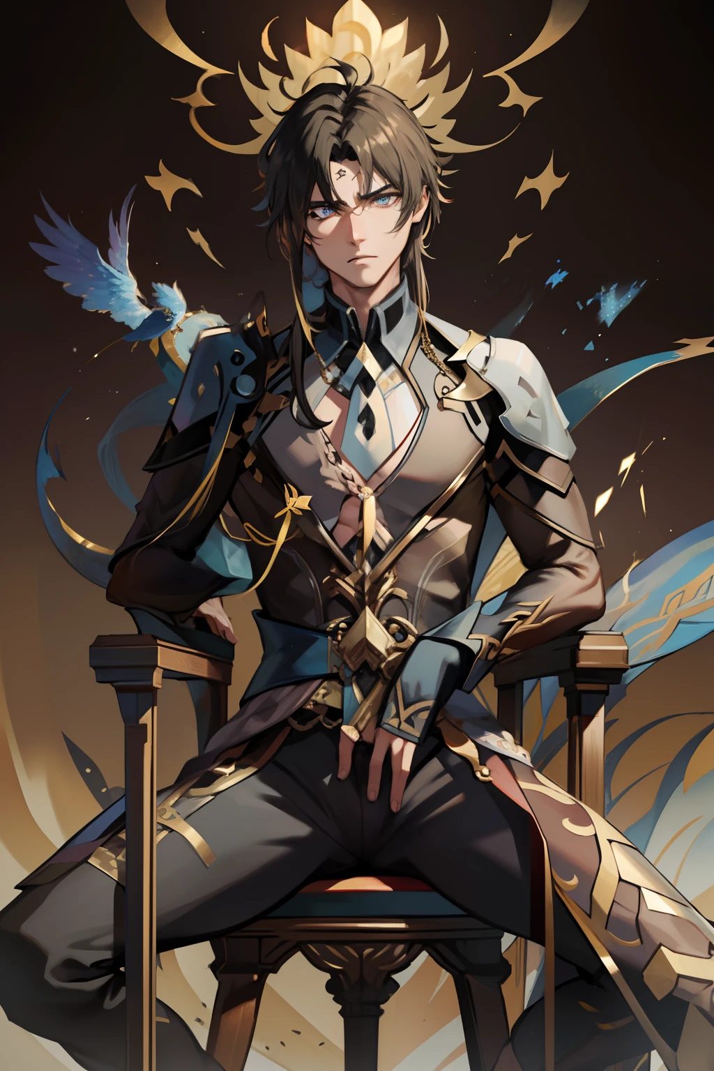 (absurderes,A high resolution,Hyper-detailing,hdr),younge boy,tmasterpiece,best qualtiy,1人,独奏,Handsome,Golden eyes,Fine eyes and detailed face,Tattooed with,arma,seated on a throne,Indifferent and arrogant,Abs,chest muscle,Raised sexy,Ruffian,Show your temperament,Male,masculine appeal,Male characteristics are distinct,Long messy hair,Arrogant,self-assured,Sitting majestically on the throne,Pondering,Legs crossed,white pantie,supreme,Lazy,Handsome,