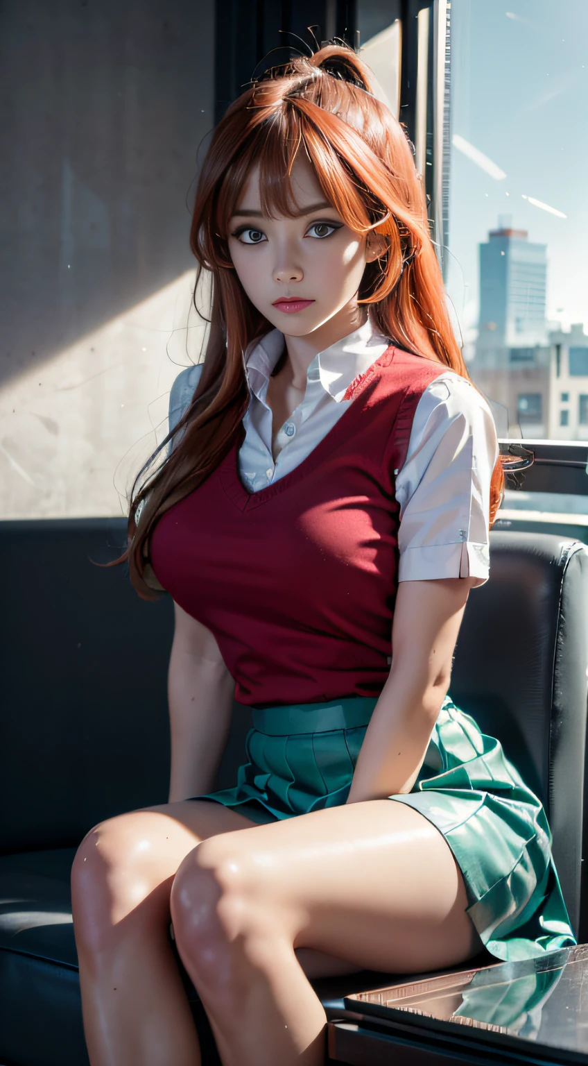 place:(day:1.7), Cyberpunk_CityView, Before Window, Action:sitting at attention,sitting in the couch, trappings:(school uniform), ((Green skirt)), ((White shirt)), (Short causeway), 鎖骨 , Pleated skirt, Collared shirt, kneehighs, White socks, sweater vest, ((Red sweater vest)), The character:nakano itsuki, the hair:(Blue eyes)), ((Red hair)), ((Red hair) ), ((Red hair)), ((hair between eye)), ahoge, ((hair adornments)), bangs, Long hair, ((star hair ornament)), Star \(symbol\), Role locking: 1 girl,Solo,young ,Beautiful Finger,Beautiful long legs,Beautiful body,Beautiful nose,Beautiful character design, Perfect eyes, Perfect face, Eye expressions: view the viewer, (Innocent_Big_Eyes:1.0),(Expressionless:1.3), quality: offcial art,Extremely detailed Cg Unity 8K wallpapers, Perfect lighting,Colorful, Bright_Front_face_lighting, (Masterpiece:1.0),(Best_quality:1.0), 超A high resolution,4K,Ultra-detailed, Photography, 8K, hdr, A high resolution, absurderes :1.2, Kodak Portra 400, filmgrain, The background is blurred out, Bokeh:1.2, Lens flare, (vibrant_Color:1.2) big breasts body: (Beautiful, Large_Breasts:1.4), (Beautiful_face:1.5),(Narrow_waistup),