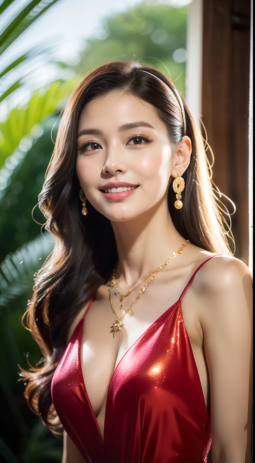 (8K分辨率,Faraway view,Photographs of legs),(Multiple women,20yr old,(The facial features of Thai Aump:1.8,Thin skeletal cheeks,s delicate face),com rosto detalhado,Lovely face,com rosto detalhado,详细的脸,Ultra-fine makeup,Black colored eyes,(Look into the camera),Long dark red hair,(Messy has layers),Redlip,Fair smooth skin,(Best Skin Type:1.21),mediuml breasts,((Thai evening dress:Siwalai,Delicate shawl straps,Luxurious ladies' tube dresses),A small number of flower hairpins,Luxurious necklaces and bracelets),Tall and tall,The action of flying kisses,perfect hand,Ultra-fine clothing material),(party,banquet,tropical trees,Flower wall,Exquisite environmental details),(exhilarated,confident smile,Rejoice,intimacy,Jealous,Flourish),(profesional lighting,动态照明),((The colors are relatively uniform,Noble sexy,vivaciousness,rays of sunshine(golden colored,red colour,in pink))),(Golden section,Cinema lenses,Dynamic shots,Hasselblad photograp,tmasterpiece:1.3),(adolable,rays of sunshine,vivaciousness,mistic,Raised sexy,Celebrity,trendsetting,Folklore,Artis,Art platform)