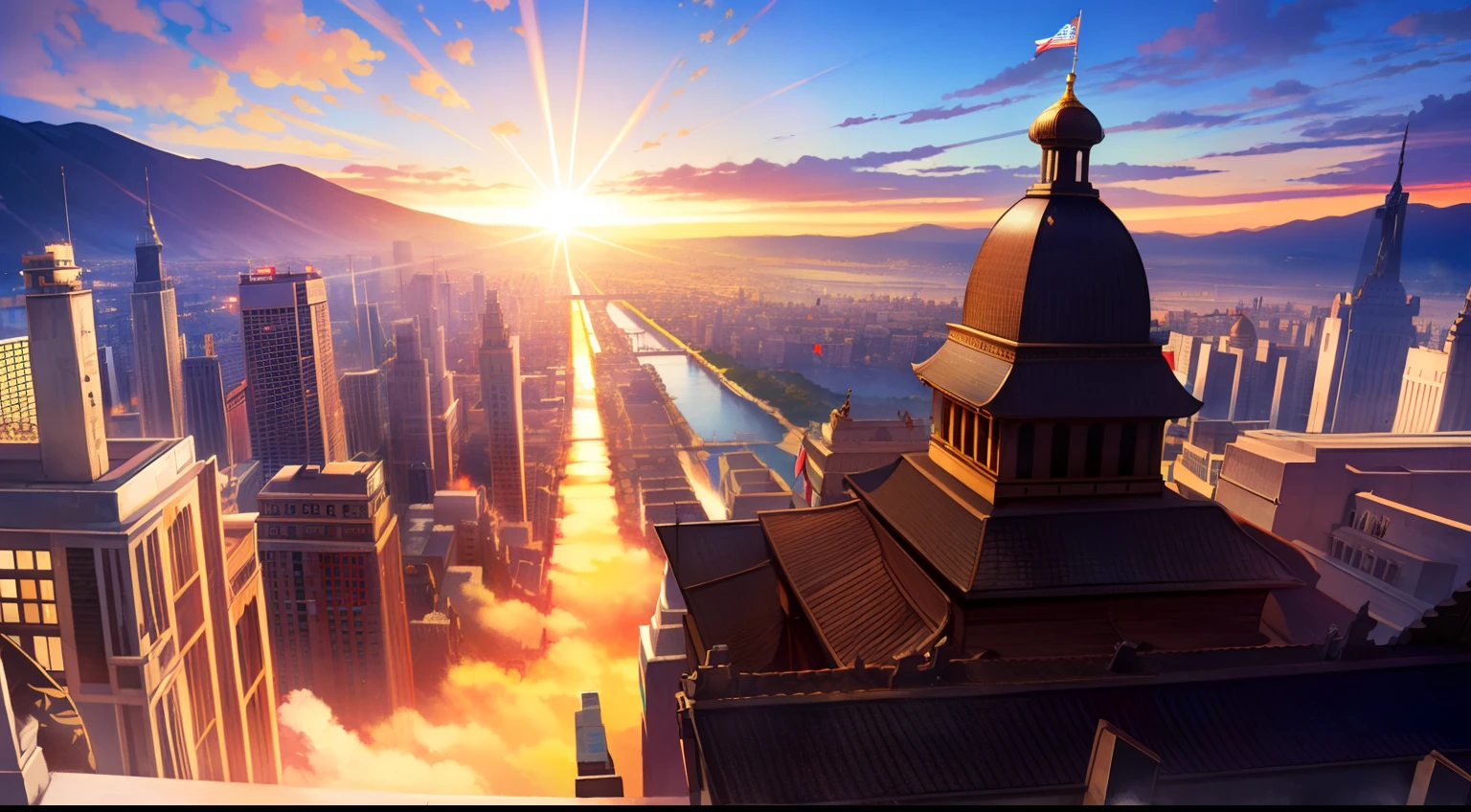 (Cinematic quality),(Complicated details),(Ascending Sun Empire),(Red alert),A bustling capital,Spectacular city,The flag is raised,future era