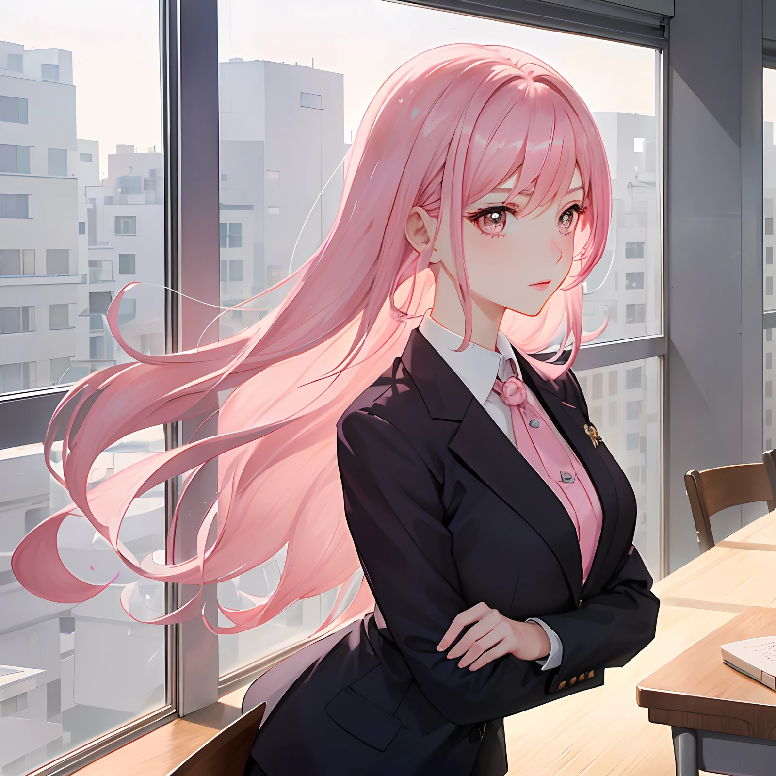 (A stunning and aloof pink hair teacher with a cold demeanor: 1.9) (Female teacher: 1.8) (Elegant attire: 1.7) (Confident and superior expression: 1.8) (Classroom setting: 1.5)